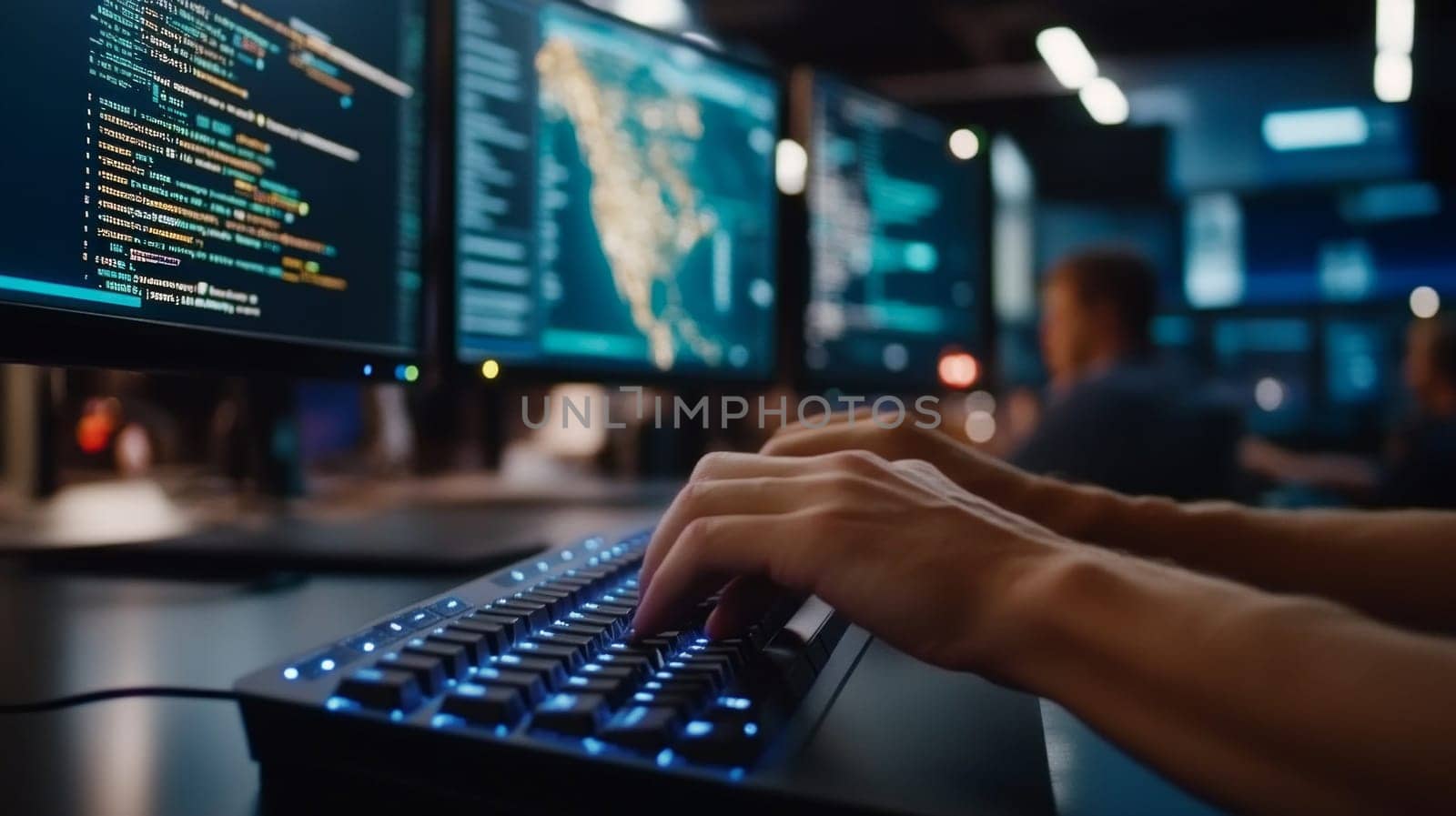 Close-up of hands typing on a keyboard, the keys of which glow neon blue. In the background, numbers are displayed on multiple monitors