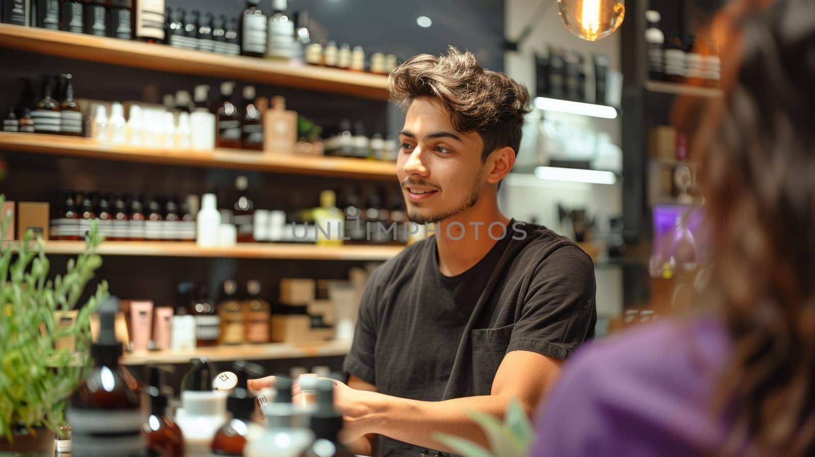 A young sales assistant in a modern store talking to a customer while displaying various products.