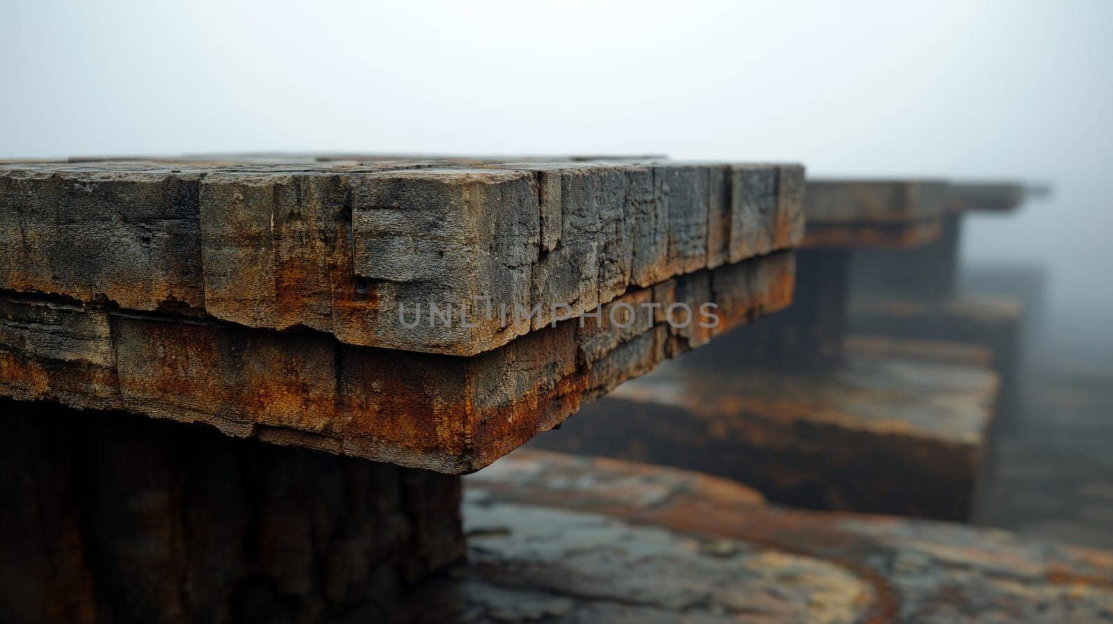 Large textured stone and wooden old houses on the embankment are in the fog.