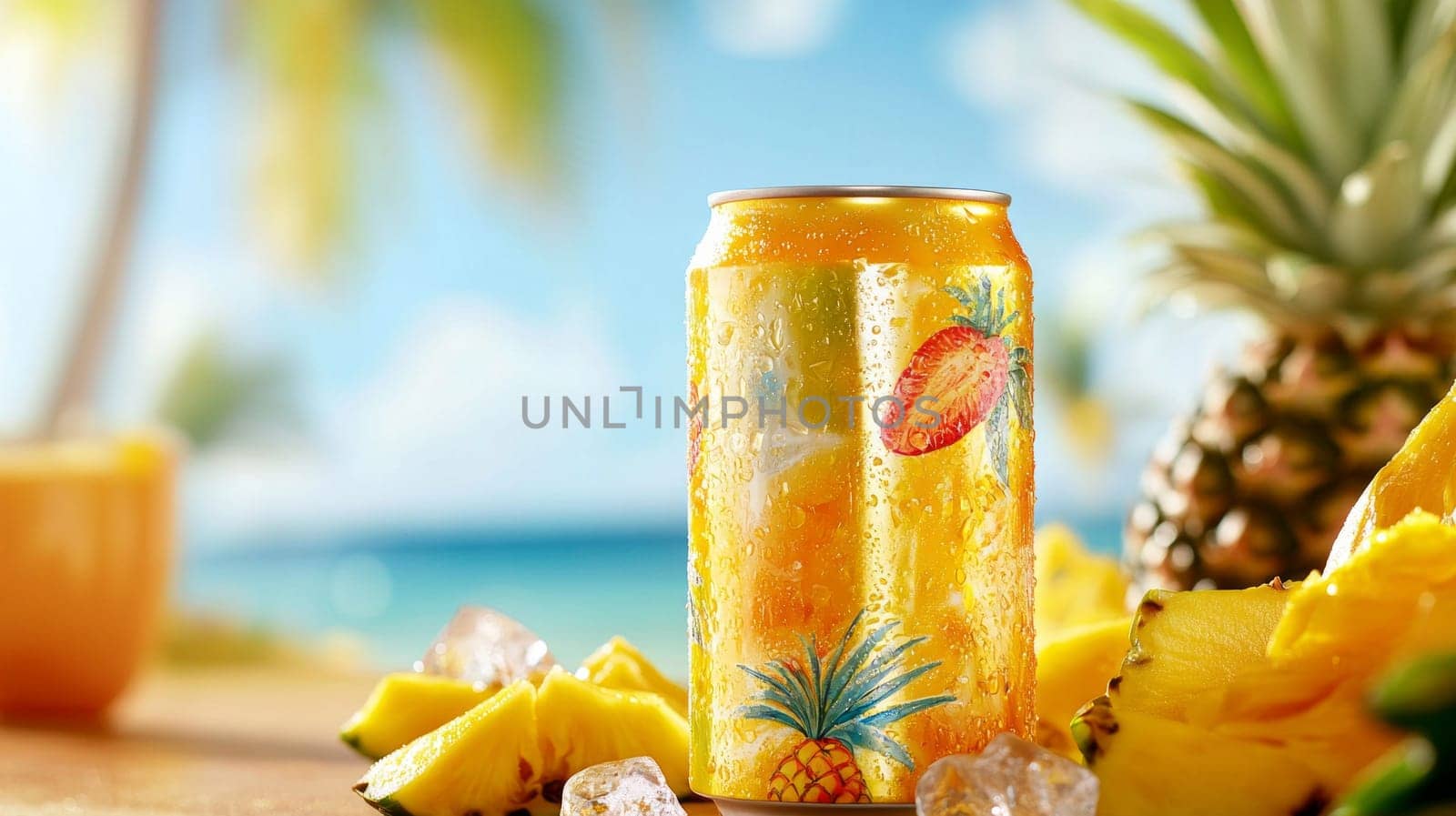A bright, tropical-themed jar with a colorful iridescent sheen, surrounded by exotic fruit mixes such as pineapples and mangoes. Ice cubes and splashes of fruit juice around the jar.