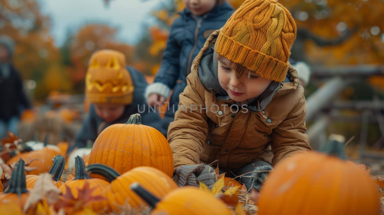 Families choose pumpkins at the local pumpkin fair, where rows of pumpkins and fall leaves create a festive atmosphere.