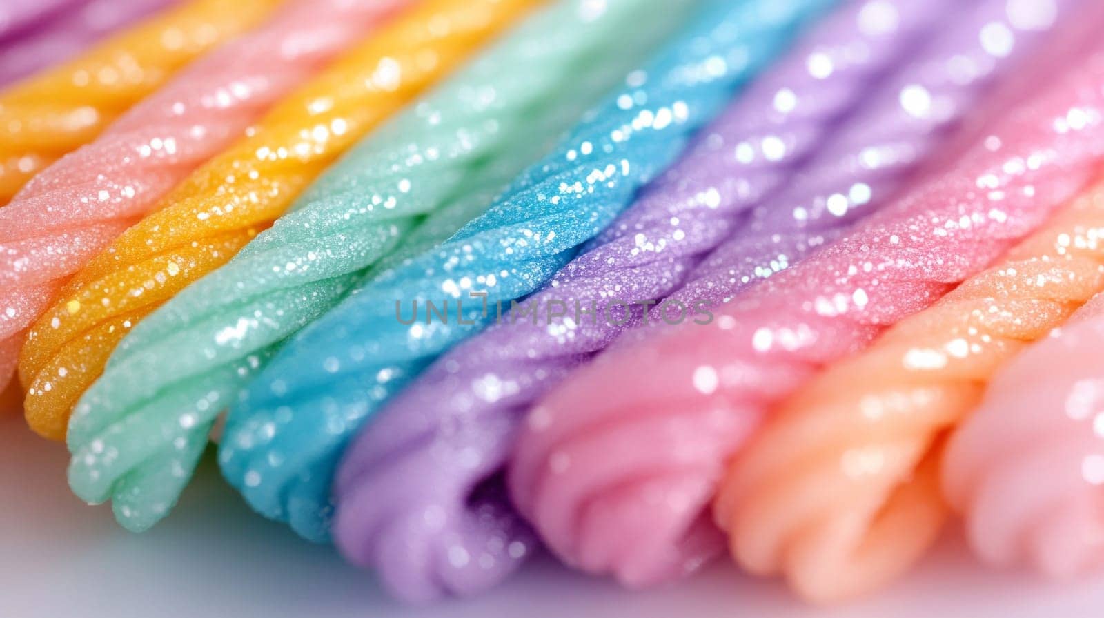 Stretchy licorice candy rolled in bright colors with sugar crystals with color gradient mixing purple,blue and pink tones