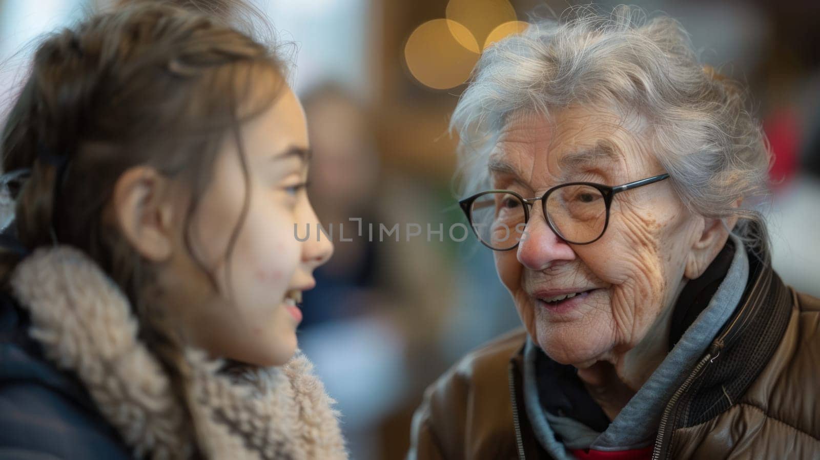 A touching moment of conversation between a young girl and an elderly woman, symbolizing the bond between generations.