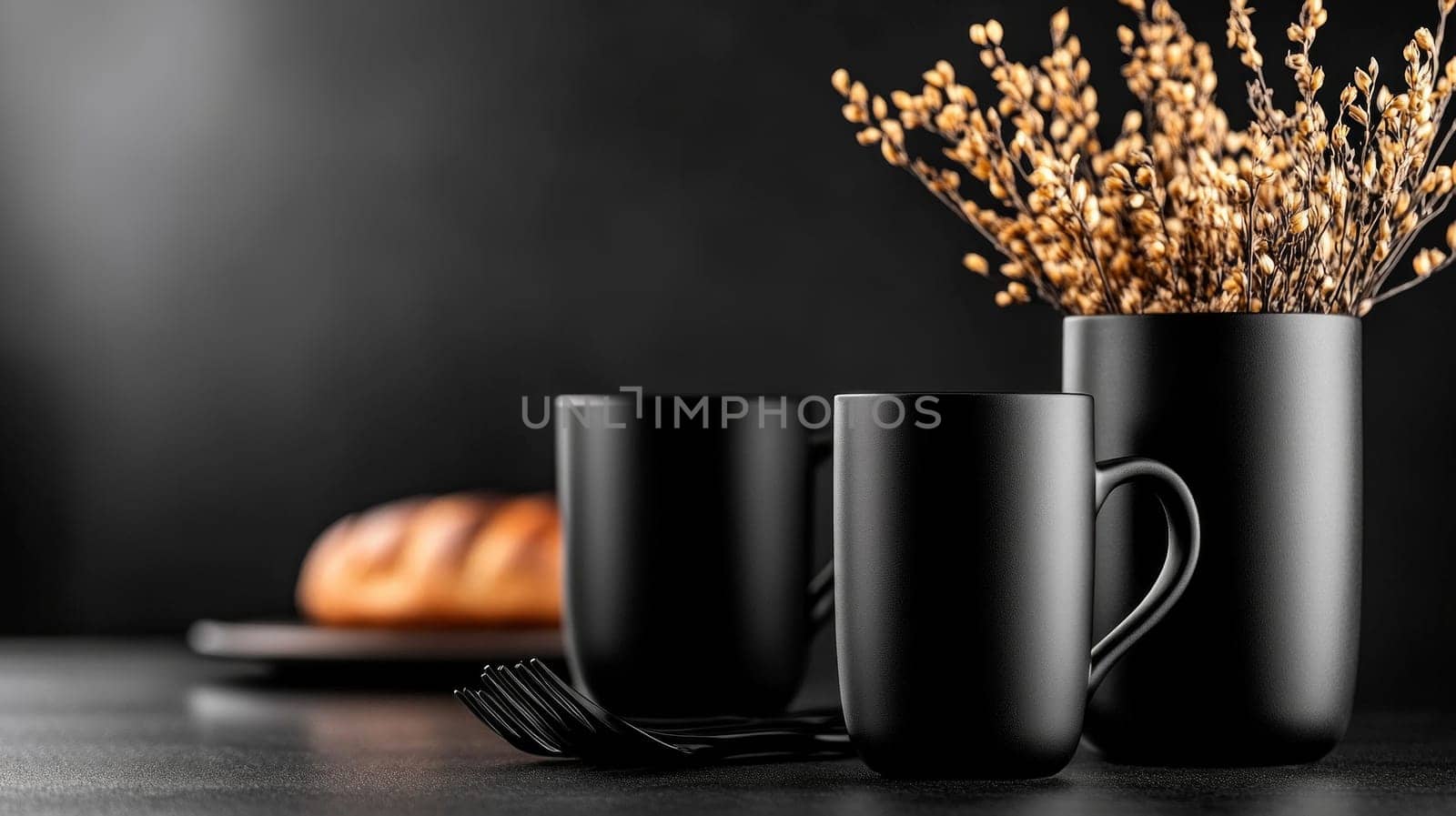 kitchen table with minimalist, matte black items such as cups, vases and utensils. Monochrome