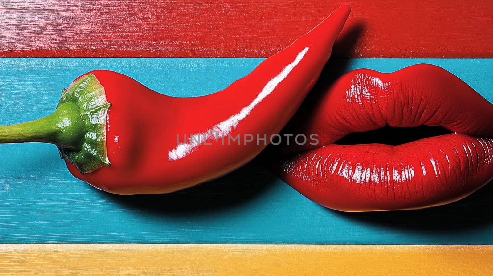 An image of red chili peppers next to the lips on a bright background that highlights their color and shape, showing a playful and bold interpretation of beauty.