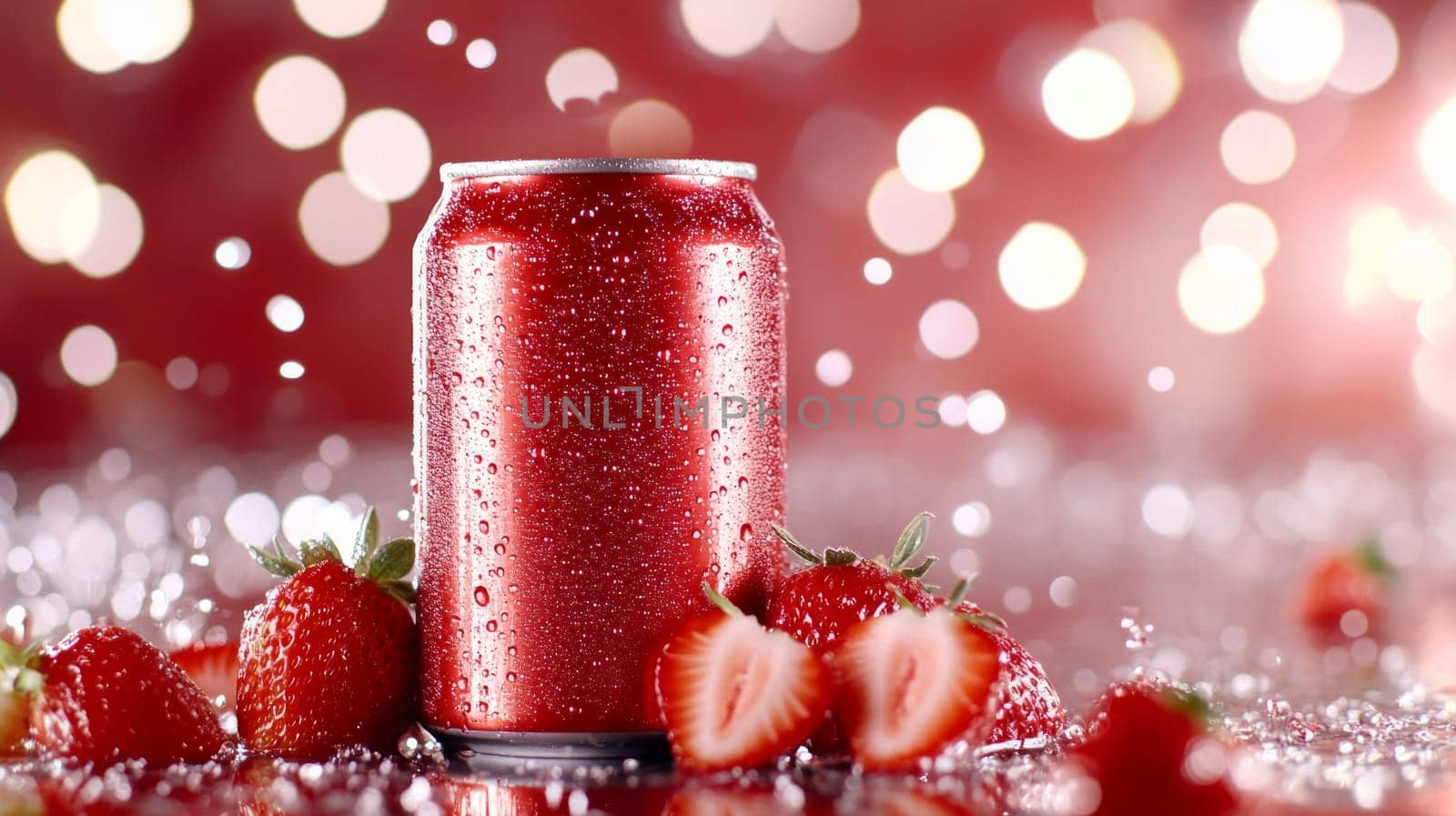 The shiny metallic red jar is surrounded by strawberries and splashes of water. Fresh and ripe strawberries create a feeling of summer sweetness.