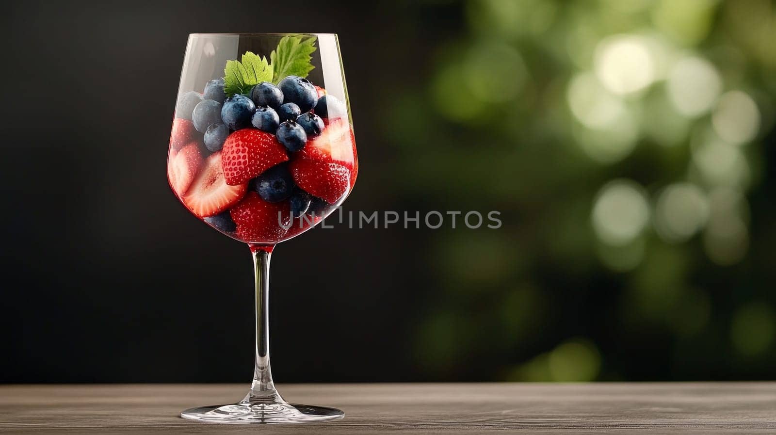 a wine glass filled with mixed berries, with strawberries at the bottom and blueberries at the top. soft lighting and dark background.