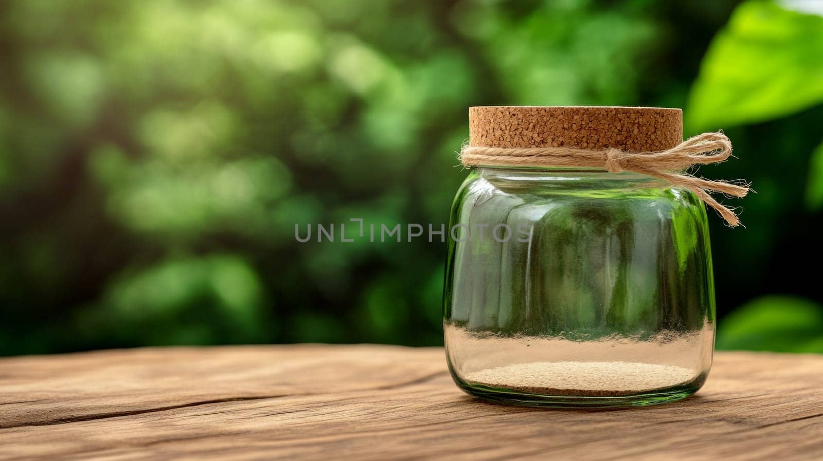 A glass jar with a cork lid wrapped in natural jute rope. The jar stands on a wooden surface against a background of green plants
