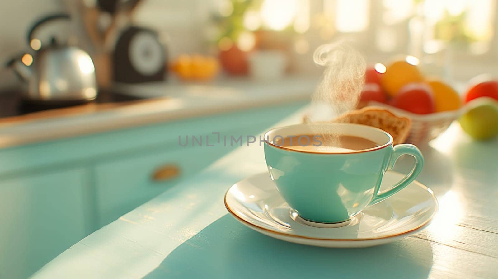 A cup of coffee on a light blue kitchen table with fresh fruit and soft morning light casting shadows.