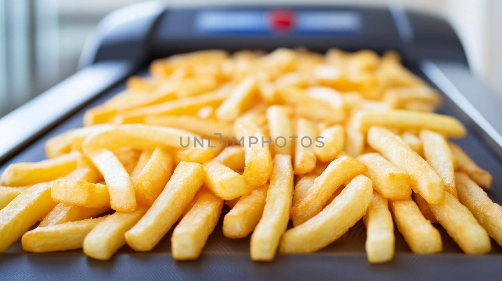 A treadmill with a conveyor belt made up entirely of long golden fries is a contrast between fast food and fitness.