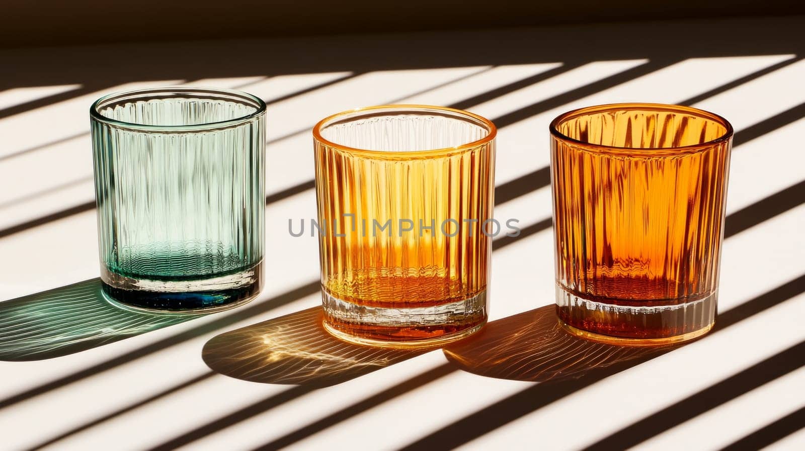 Three glass cups of different colours casting colourful reflections on the surface, demonstrating the play of light and colour.