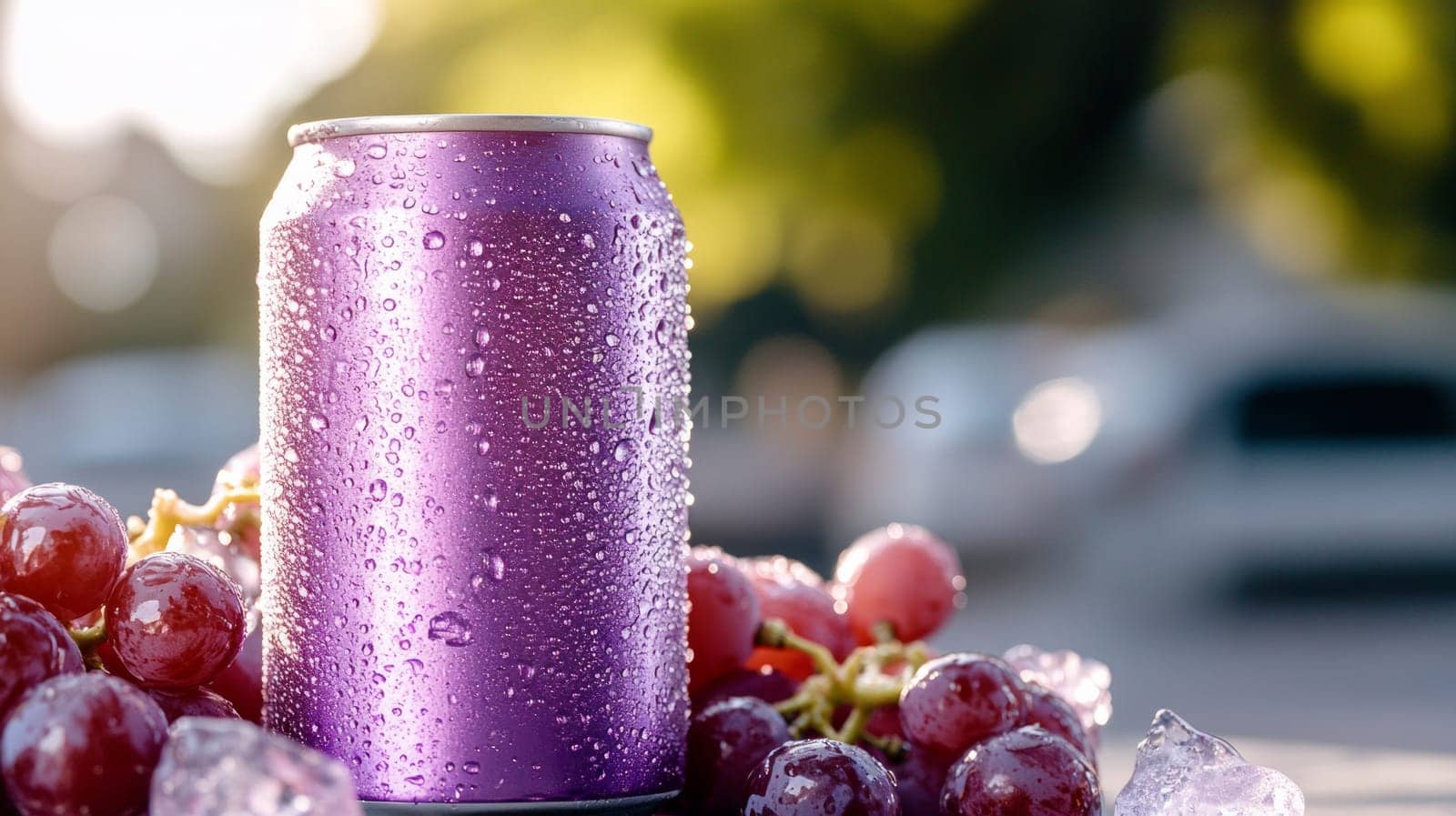 Purple jar with condensation floating among plump, juicy grapes. The jar shines in the light, and ice cubes are around, creating a feeling of coolness.