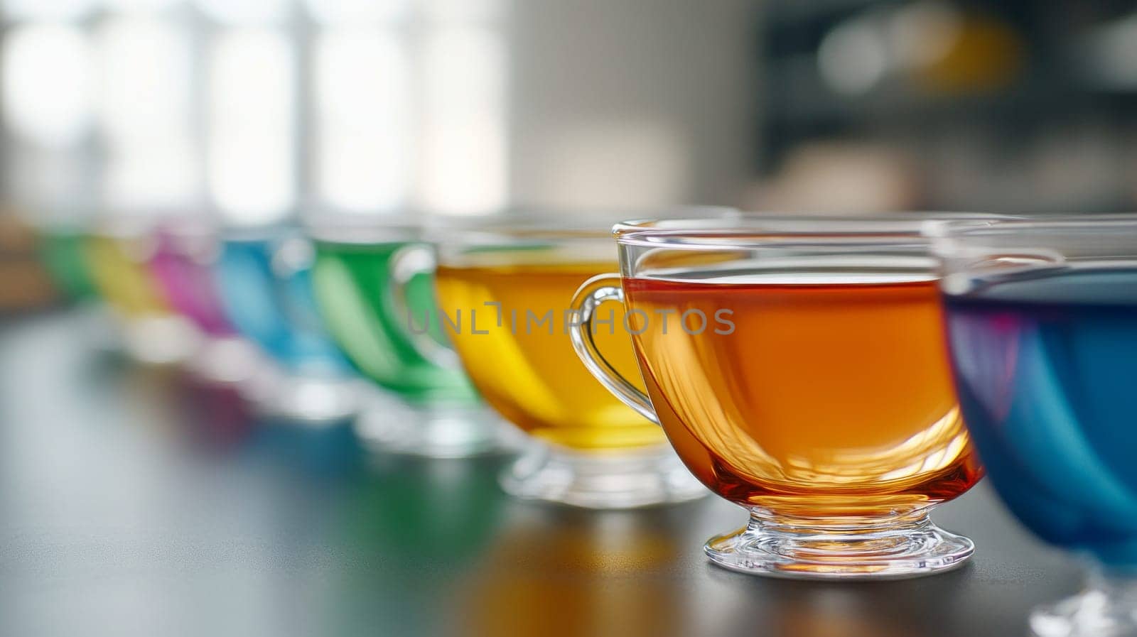tea cups filled with colorful liquids, arranged in a row on the table .