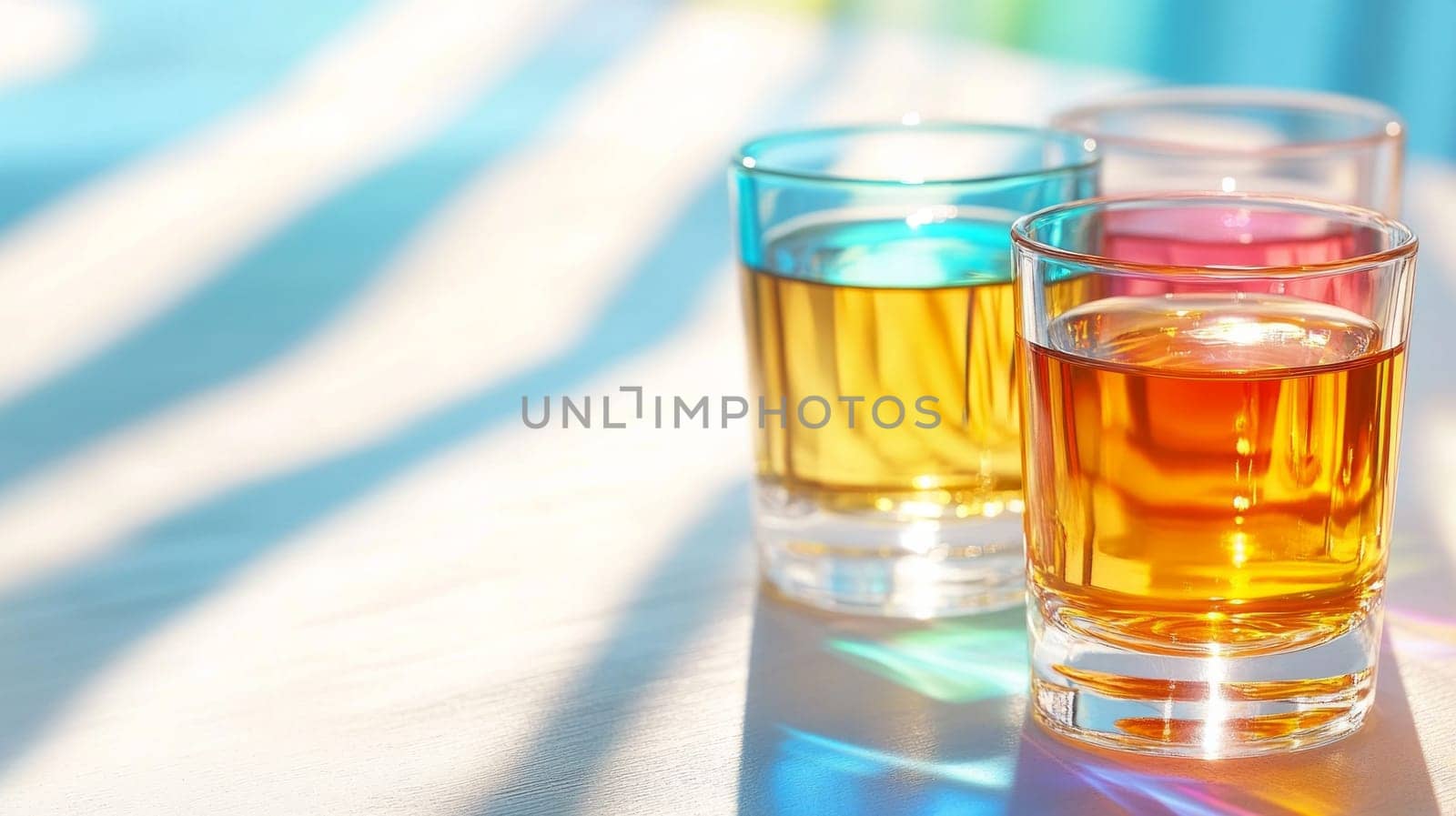 Three glass cups containing a drink cast colorful reflections on the surface, demonstrating the play of light and color.