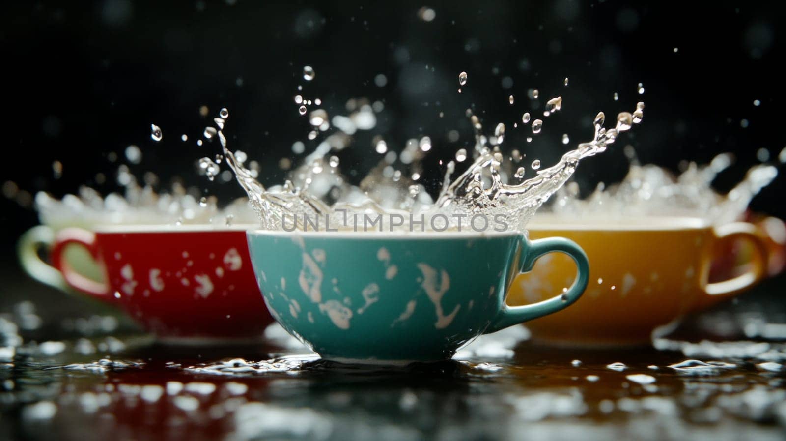 surreal scene with several cups of tea, where splashes of liquid create a bizarre effect, against a dark background