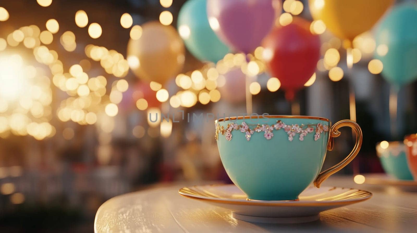 Blue tea cup on the background of balloons.
