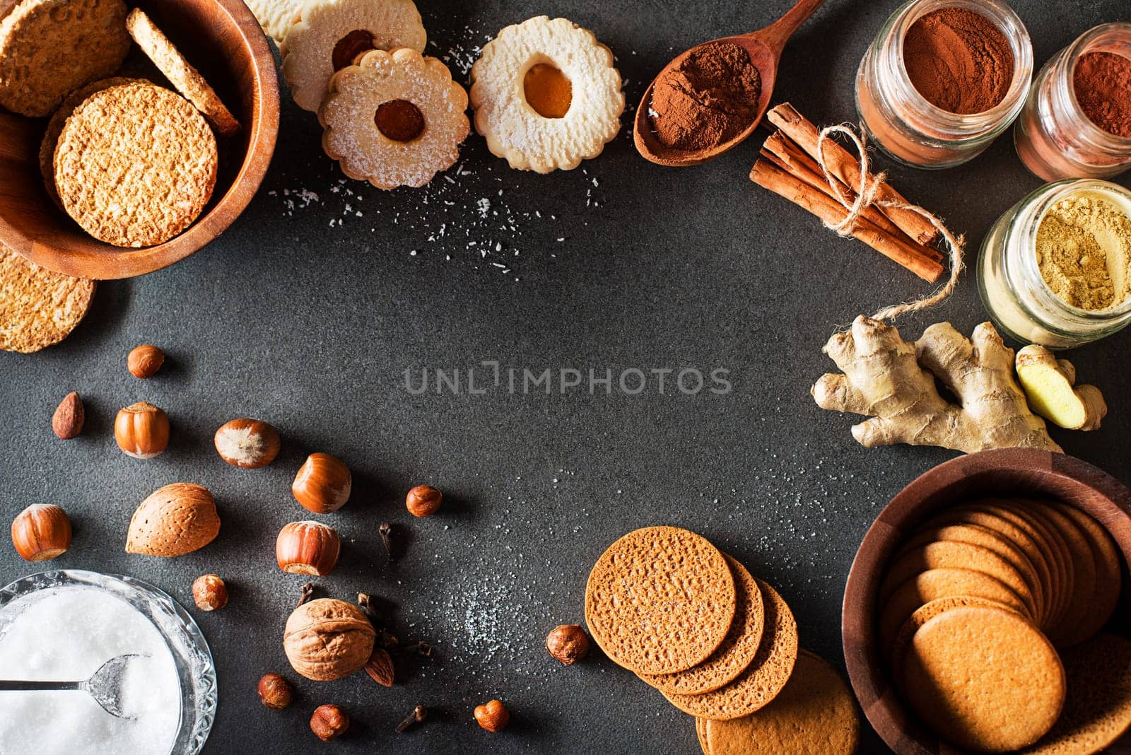 Background with tasty homemade sugar cookies of all shapes and sizes. Top view with copy space. Making and baking cookies