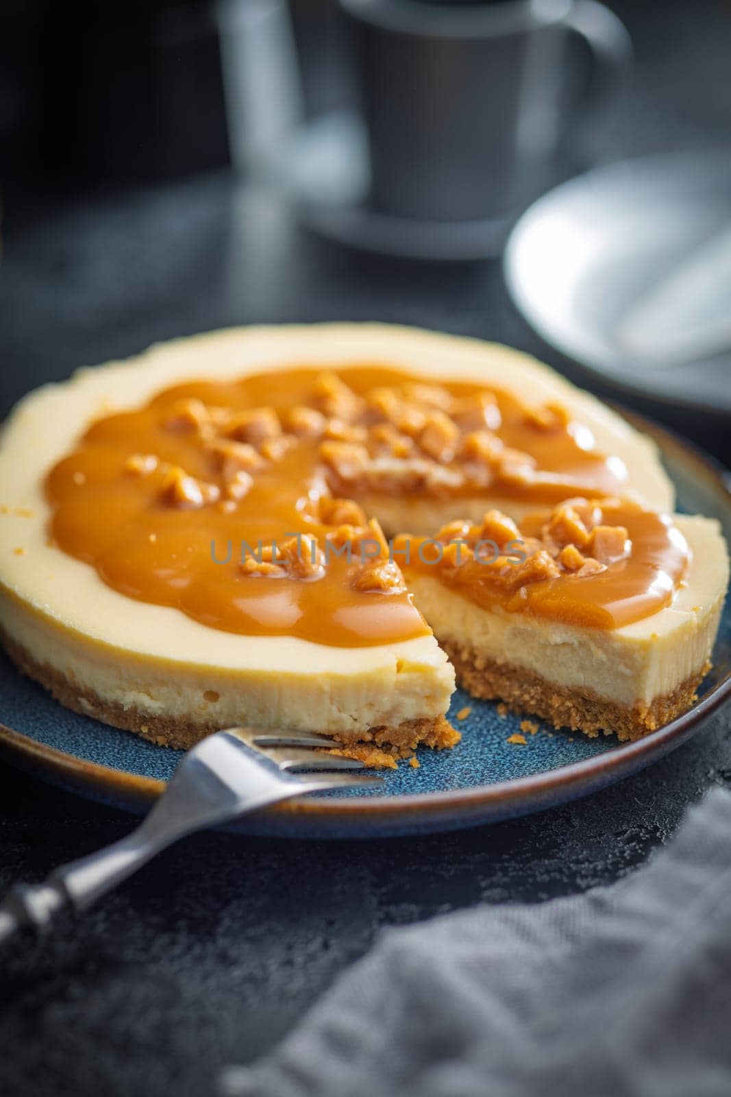 A cut piece of cheesecake with caramel topping on plate on a black table.