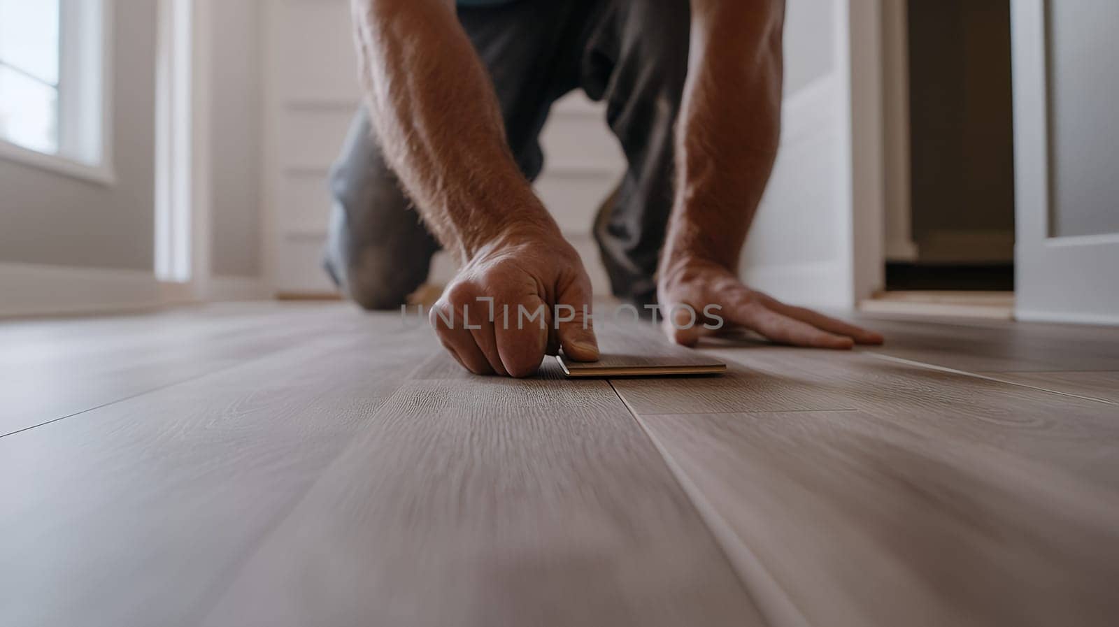 Close up of hands installing wooden flooring, showcasing precision and craftsmanship in home improvement.