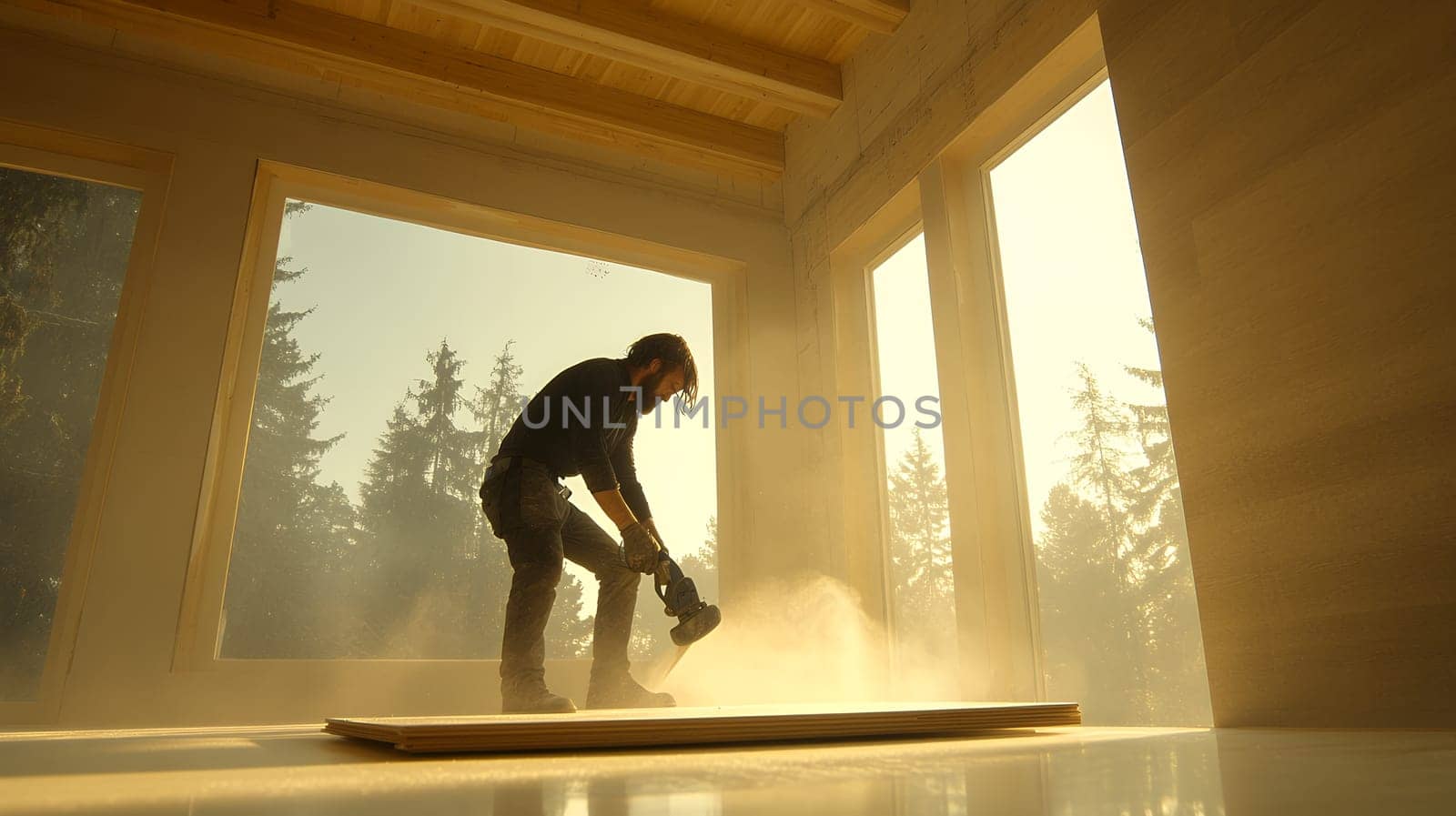 Silhouetted carpenter sanding wood in a sunlit workshop, capturing the essence of craftsmanship.