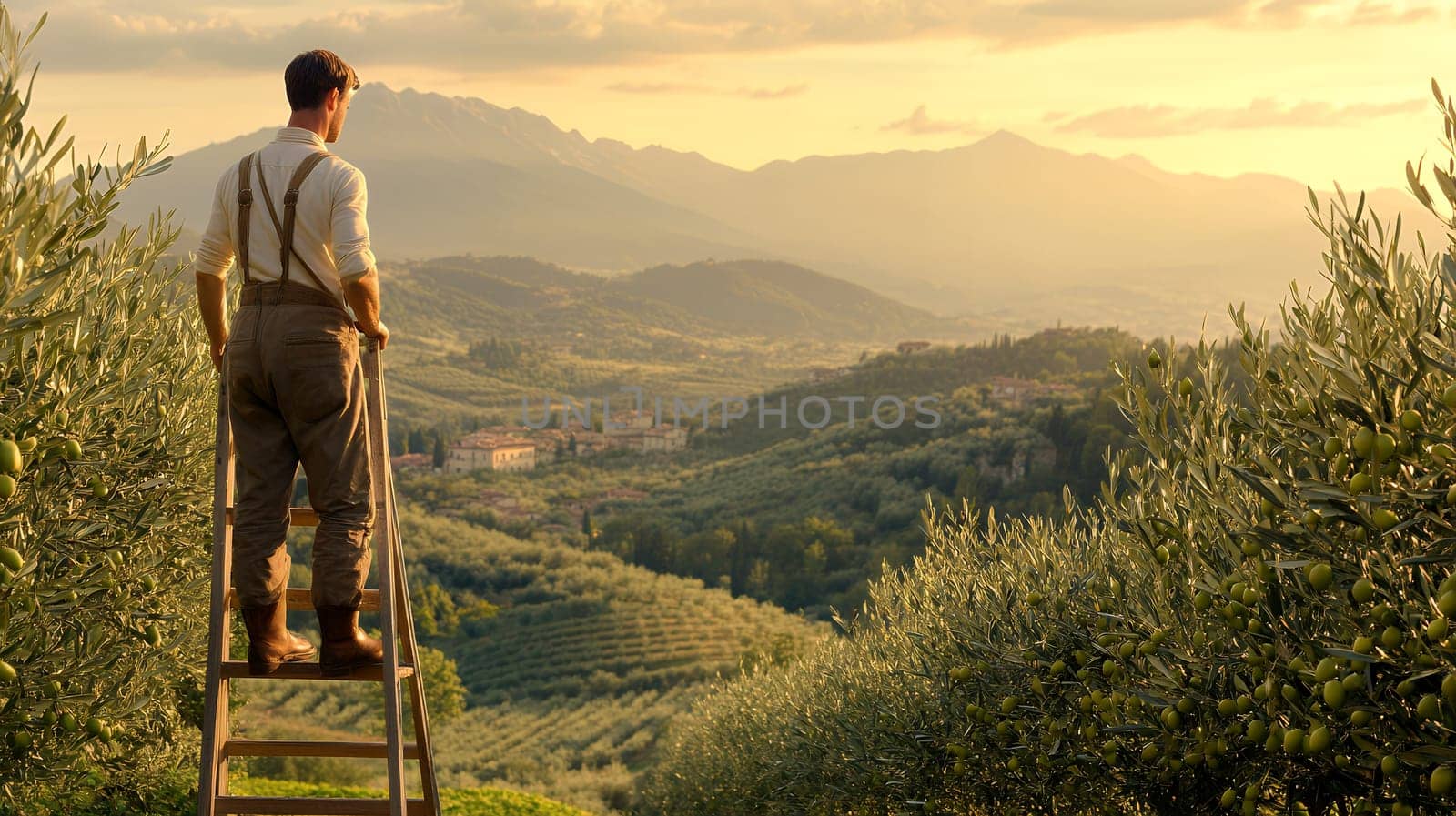 Farmer standing on ladder overlooking a vineyard at sunset, embracing nature and agriculture.