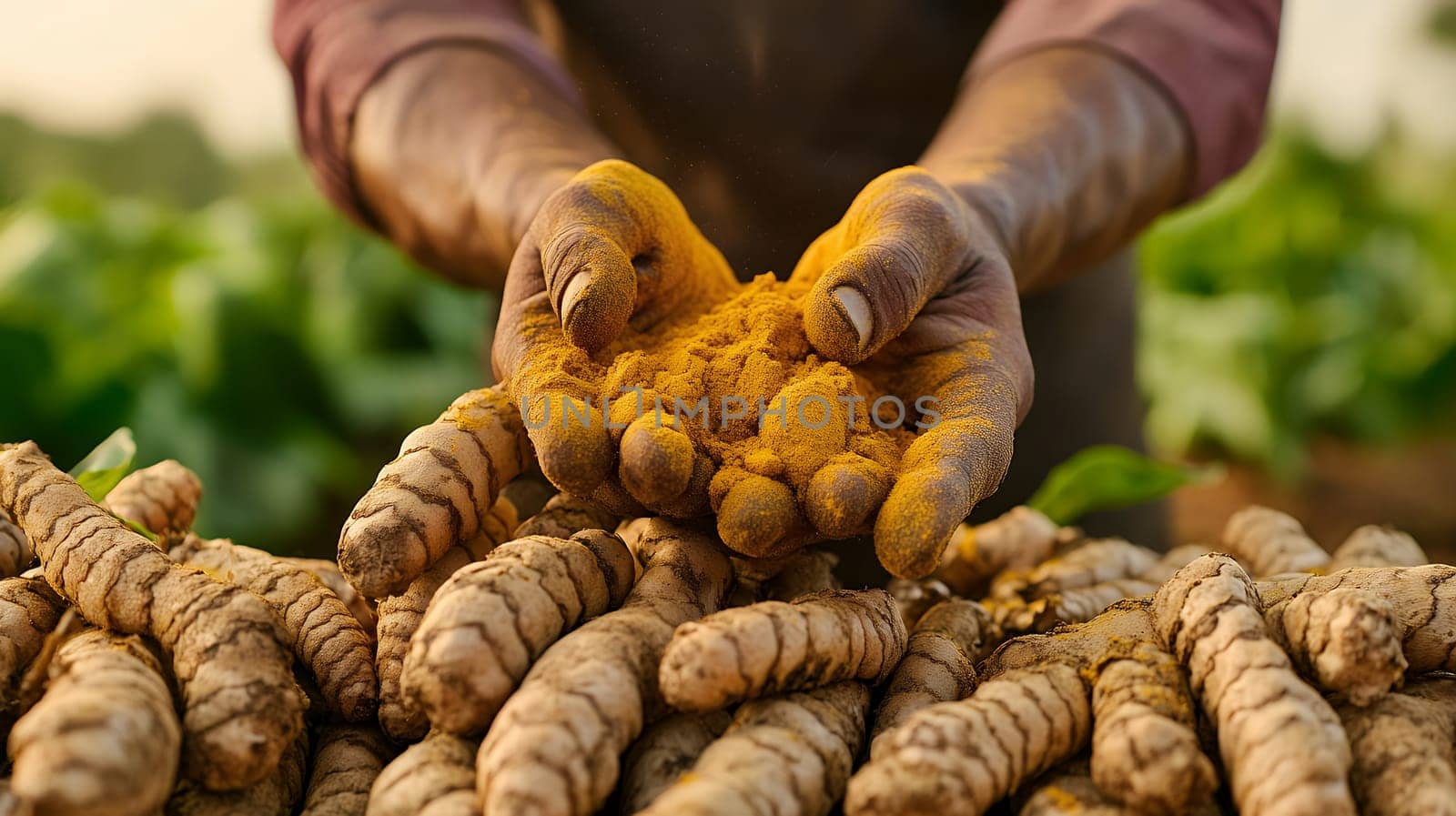 Hands holding fresh turmeric and powder, symbolizing the harvest and natural spice production.