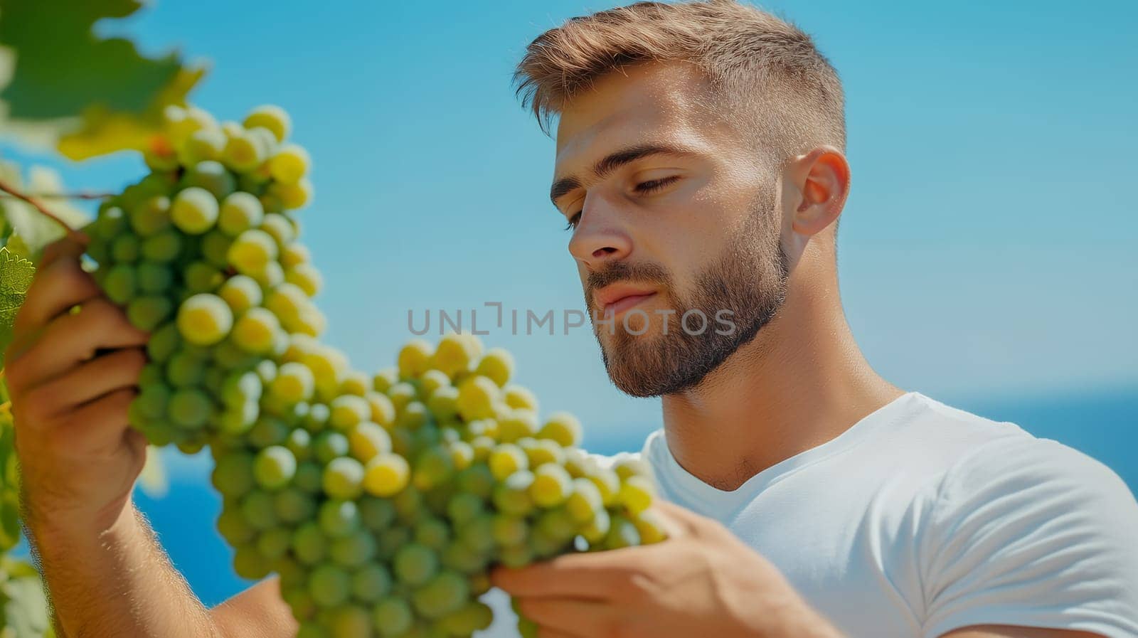 A man in a vineyard inspects a bunch of green grapes under the bright summer sky.
