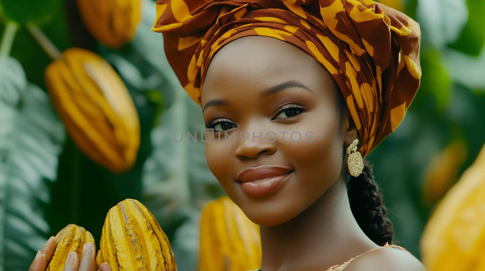 A woman in a colorful headwrap smiles warmly while holding cocoa pods in a lush farm.