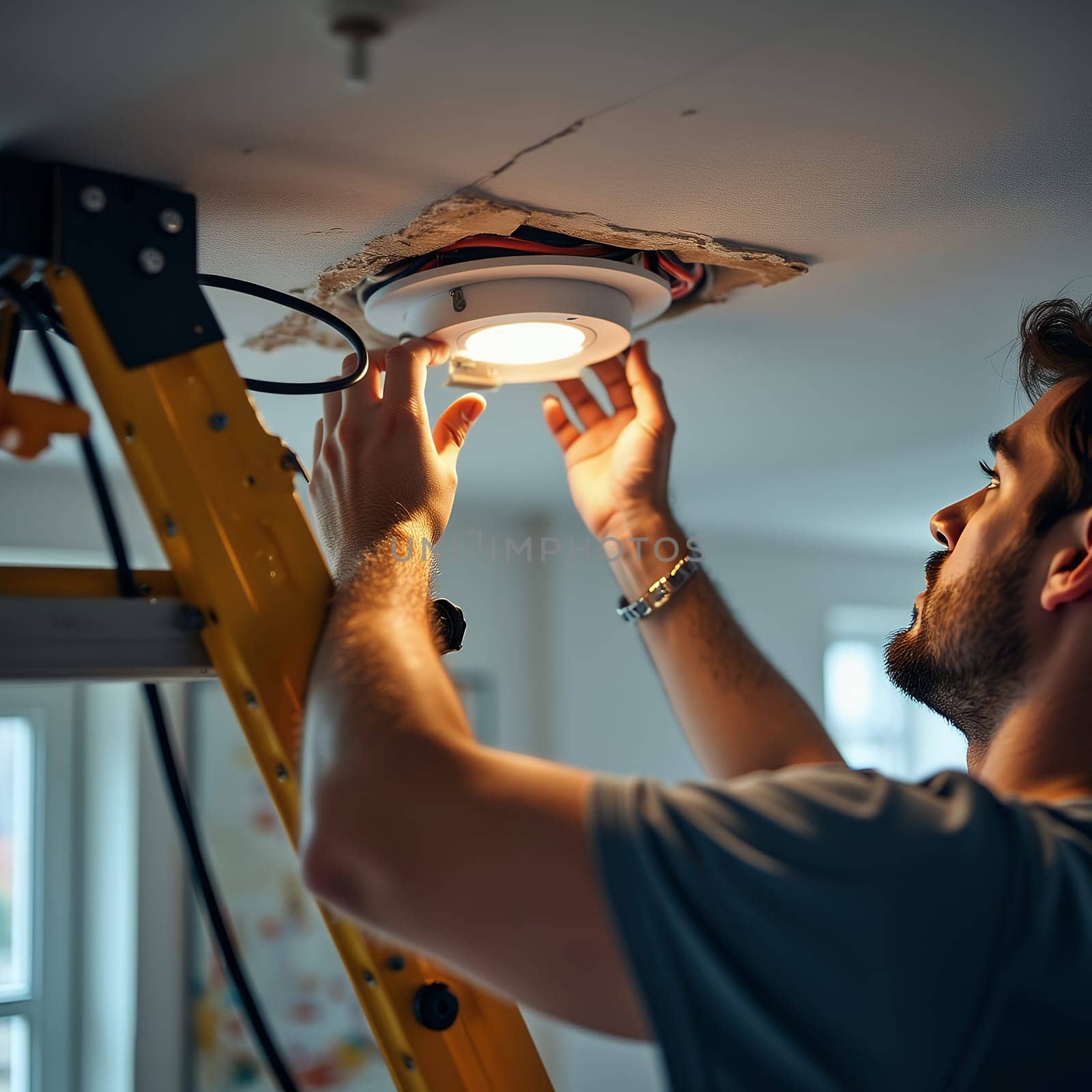 An electrician installs a ceiling light fixture, focusing on precision and safety.