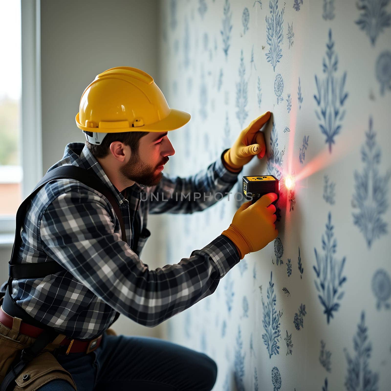 A worker uses a laser tool to measure wallpaper with floral patterns, ensuring precise installation.