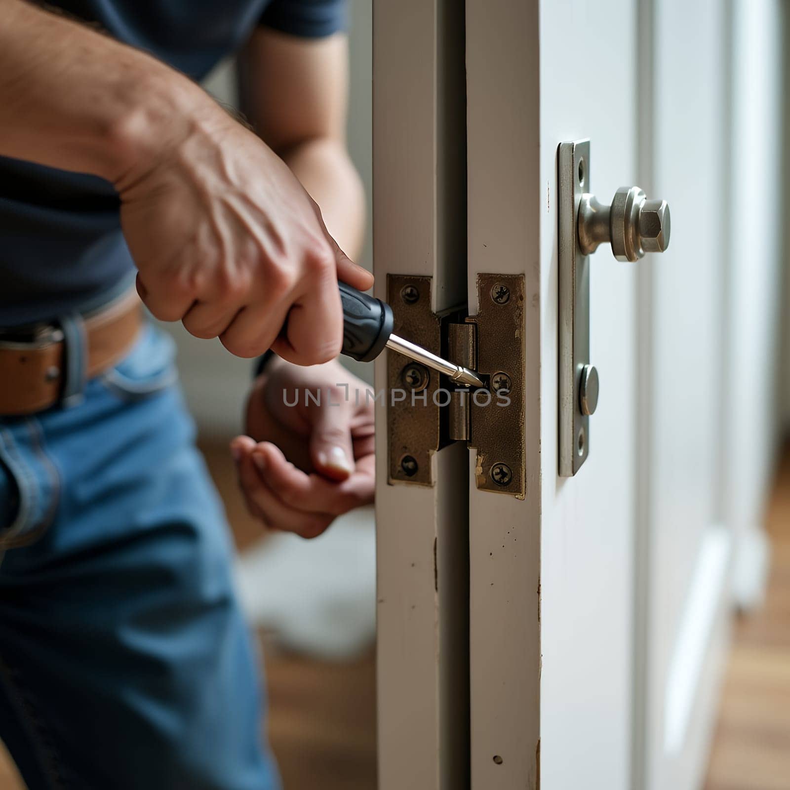A man uses a screwdriver to adjust a door hinge, showcasing a hands on approach to home maintenance.