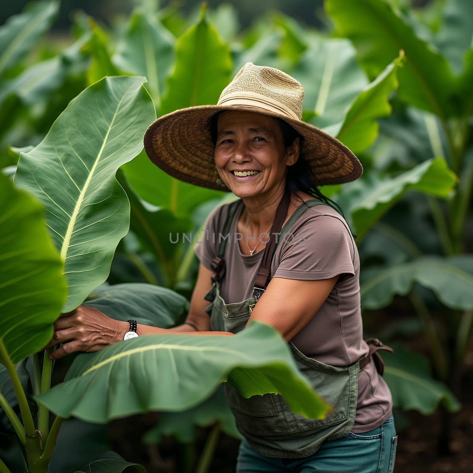 A cheerful woman wearing a straw hat tends to a banana plant, illustrating joyful farming life.
