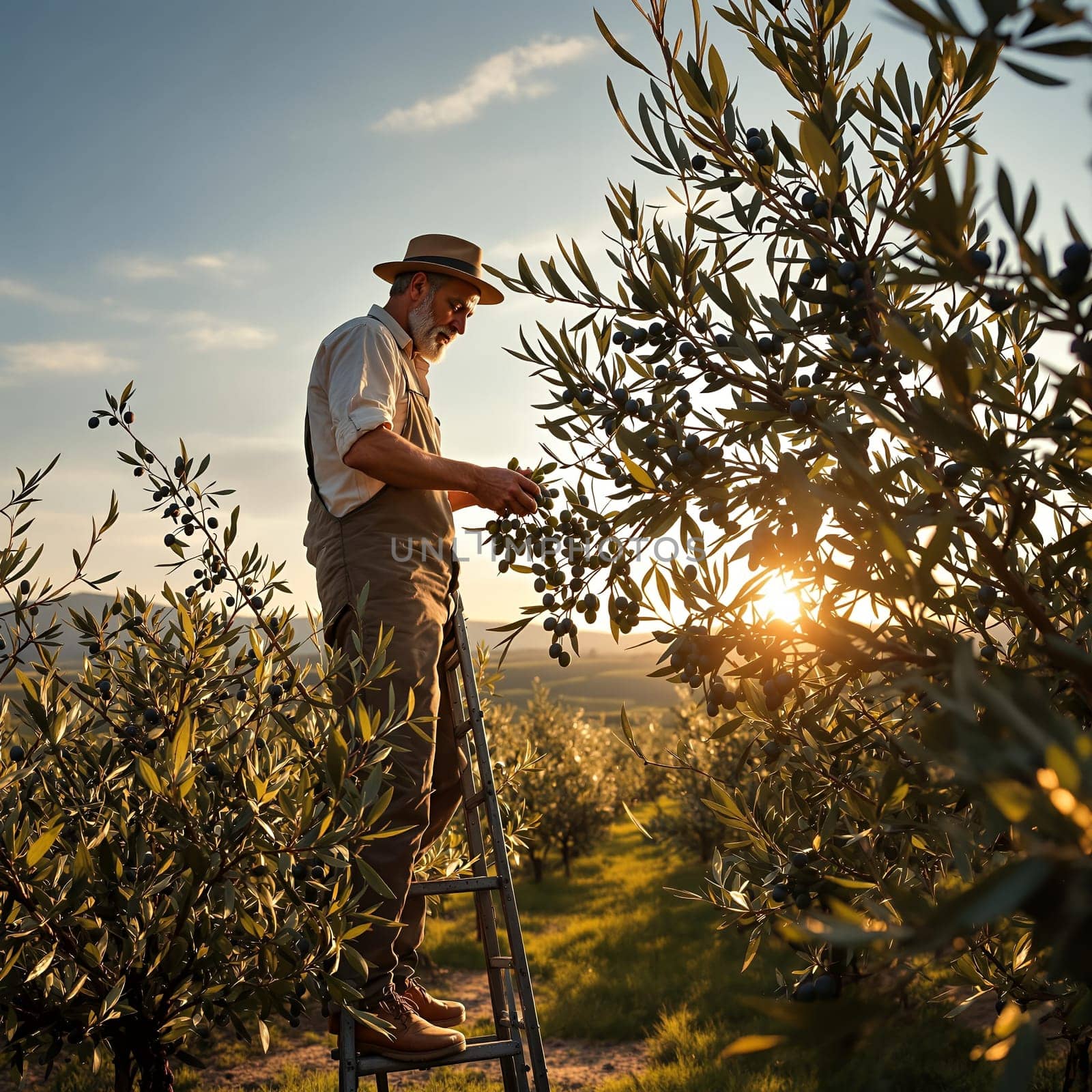 A farmer on a ladder picks olives in an orchard during sunset, capturing the essence of rural life.