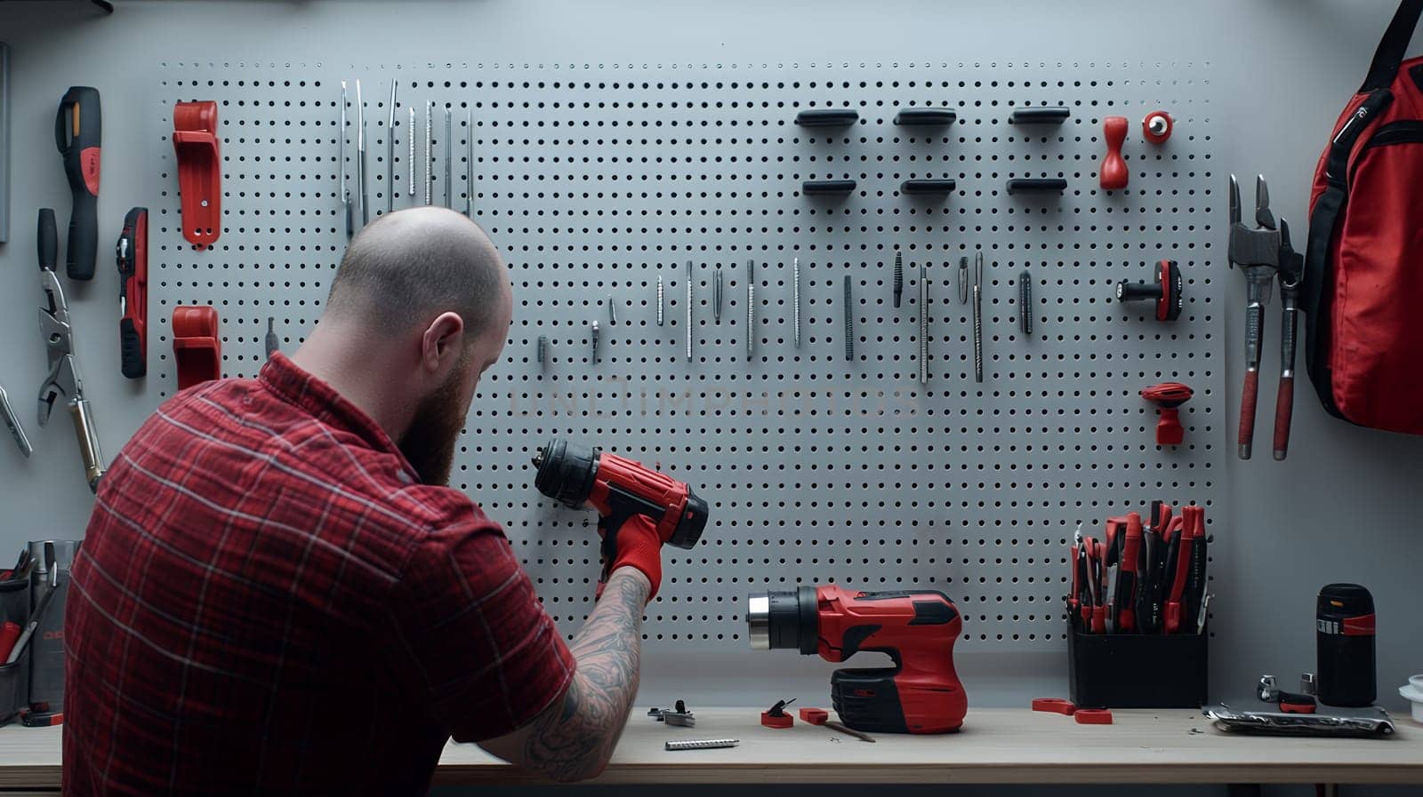 A man assembles power tools on a workbench, surrounded by organized tools on a pegboard.
