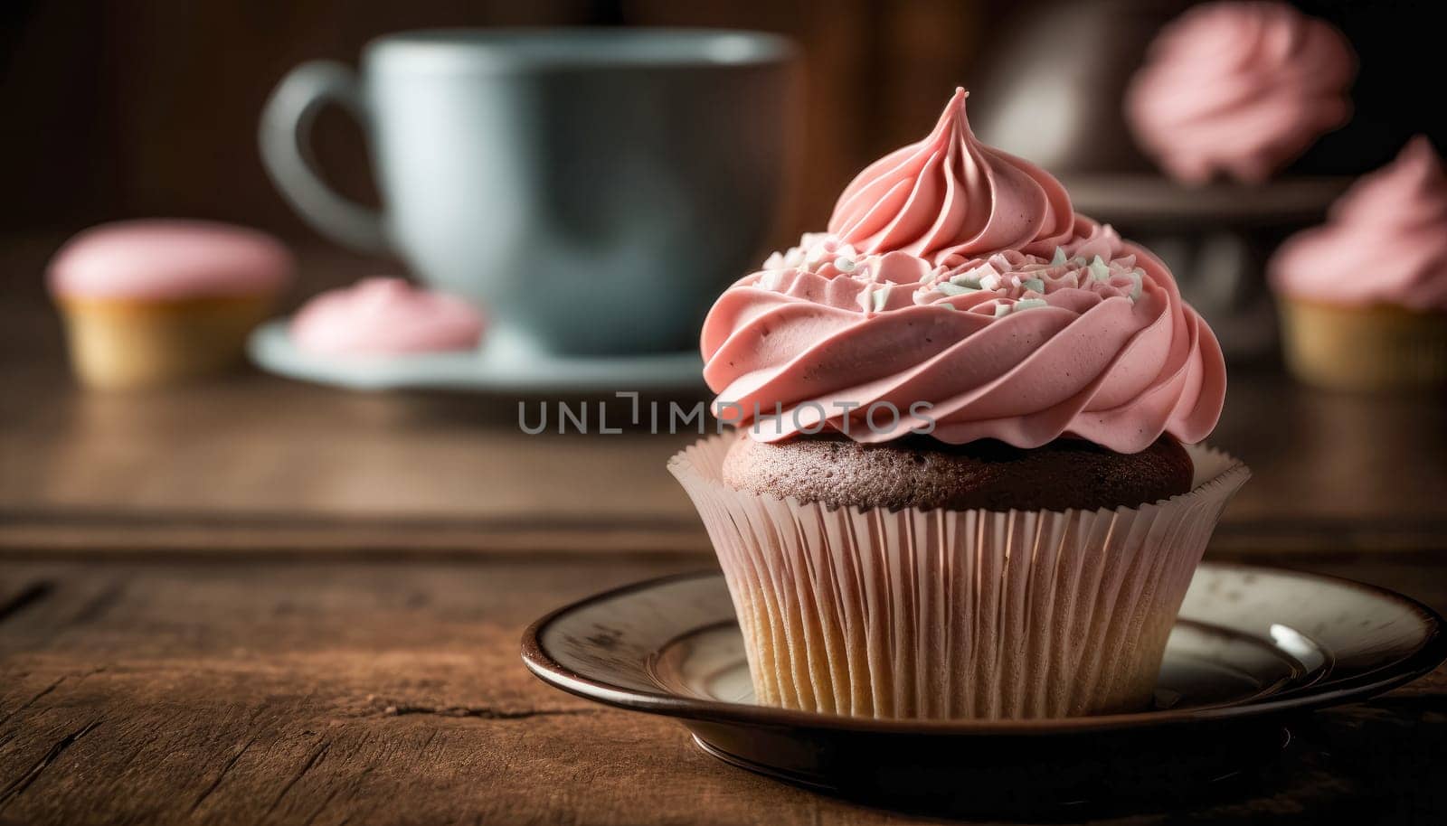 A cupcake with pink icing on a rustic table - AI generated