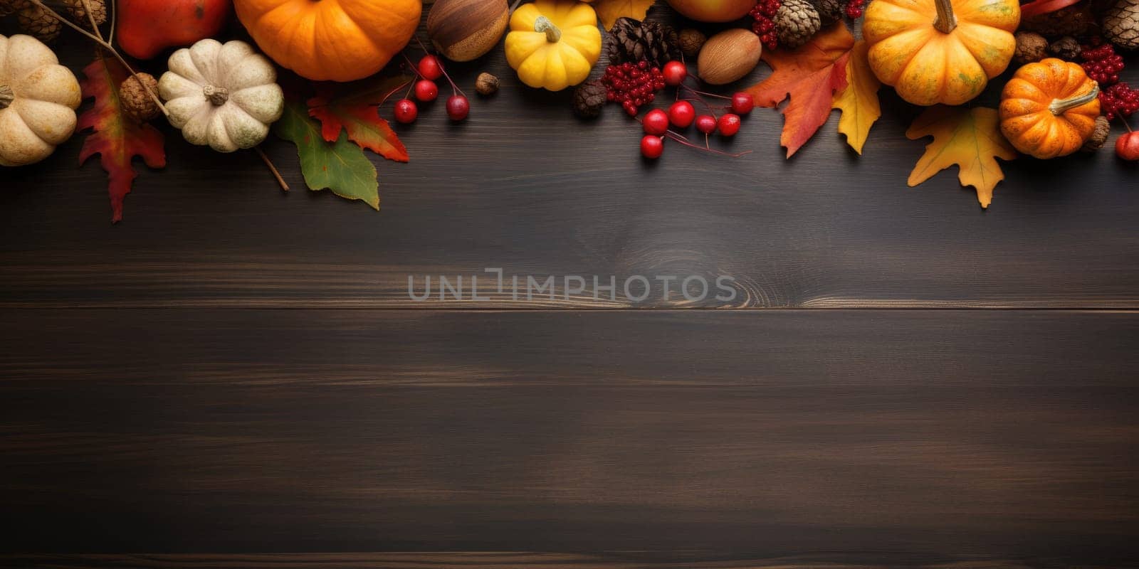 Autumn leaves and pumpkins on wooden background with copyspace - AI generated