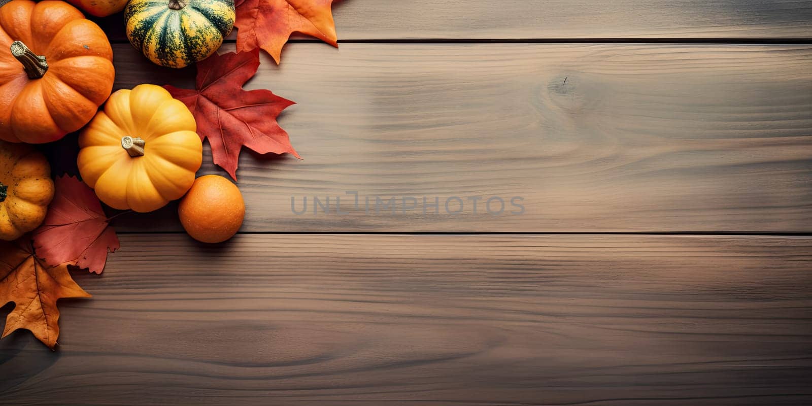 Autumn leaves and pumpkins on wooden background with copyspace - AI generated