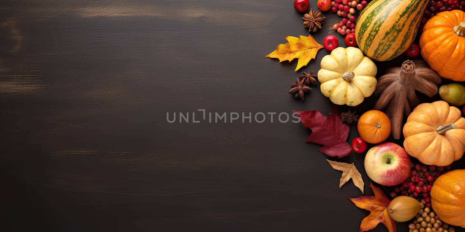 Autumn leaves and pumpkins on wooden background with copyspace - AI generated