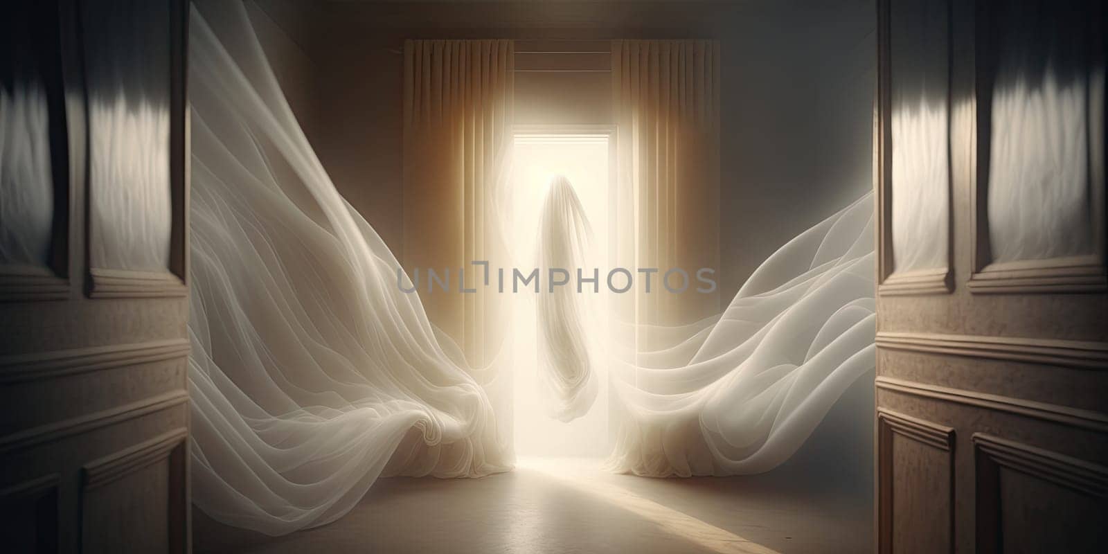 Light flooded room with floating curtains - AI generated