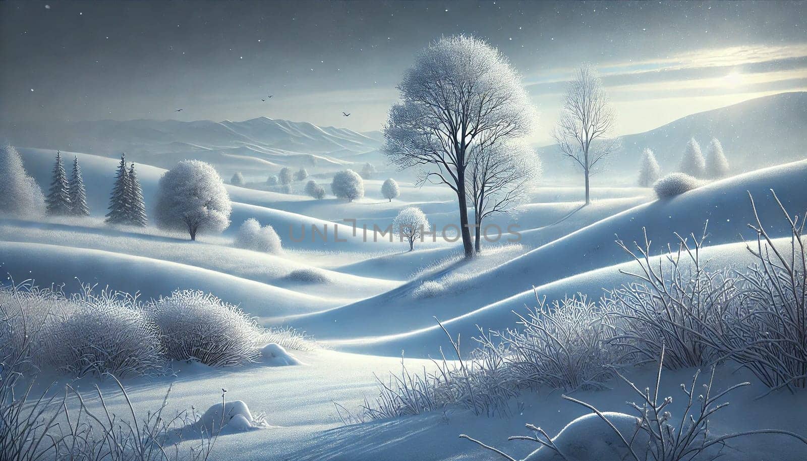 Serene Winter Landscape With Snow-Covered Hills And Trees