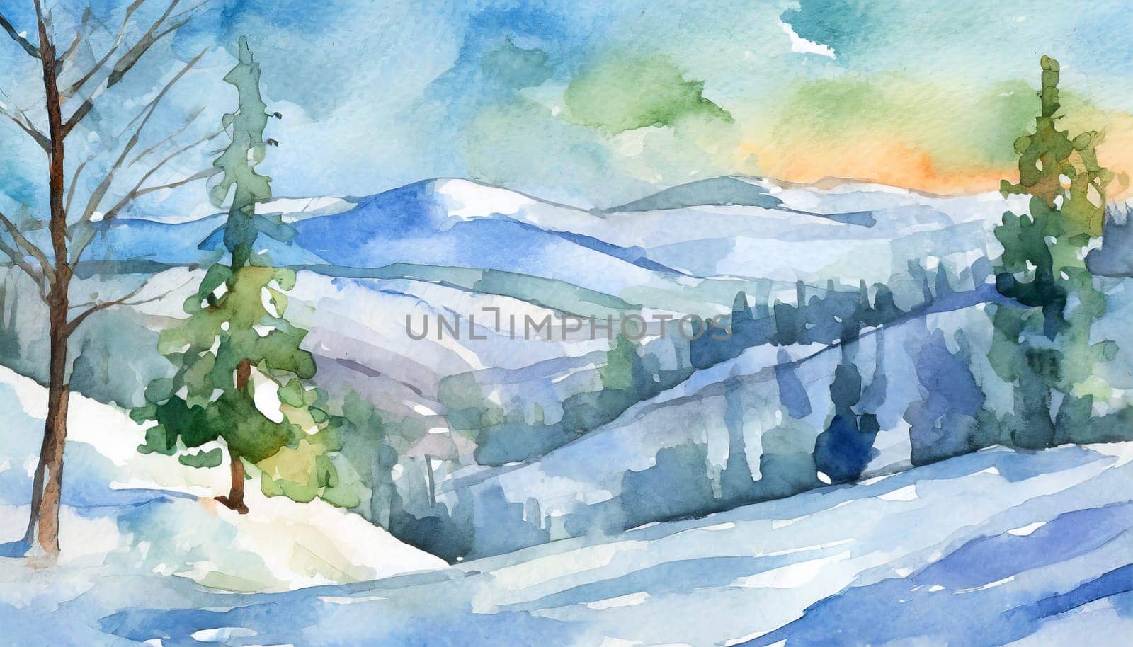 Watercolor Winter Landscape With Snowy Hills And Trees