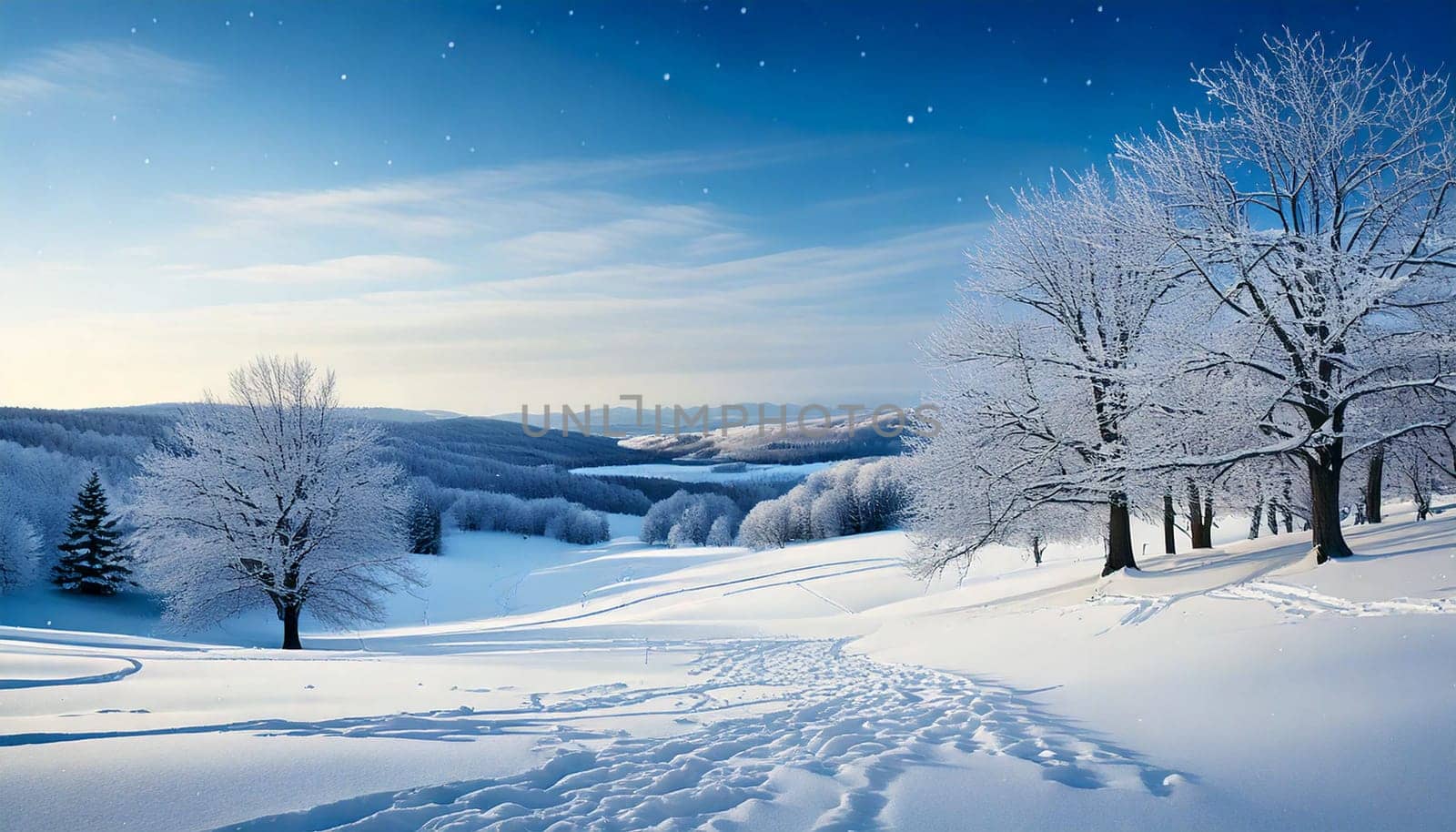 Serene Winter Landscape With Snow-Covered Hills And Trees