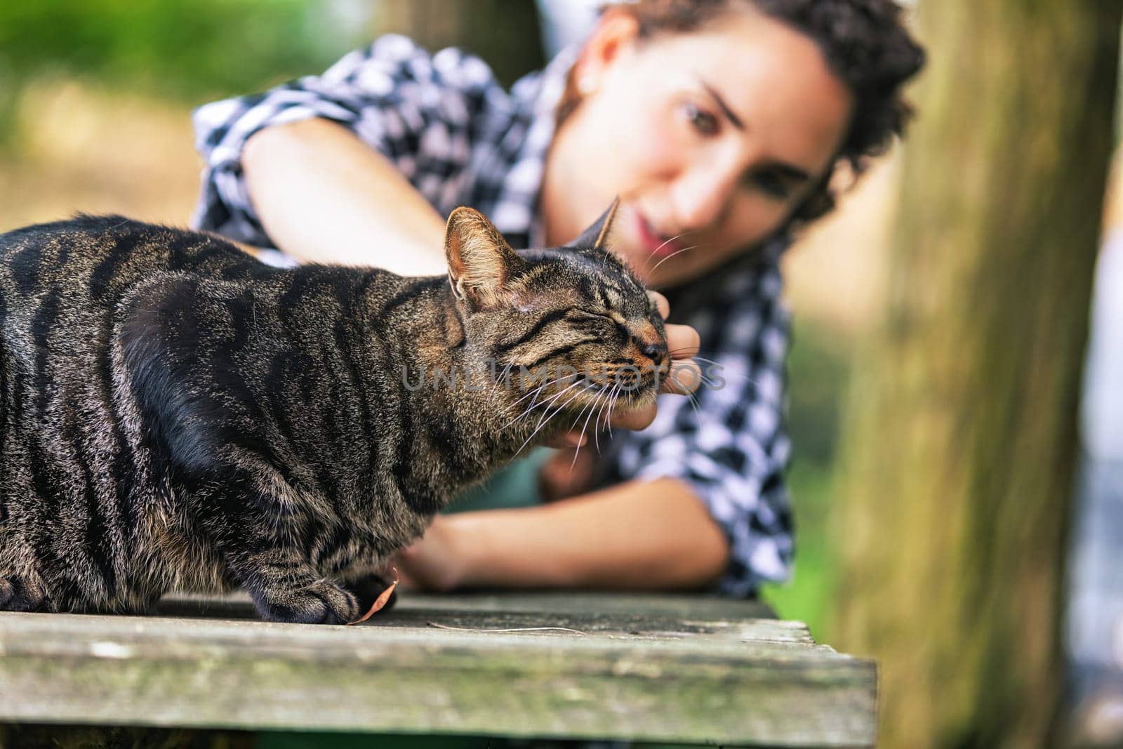 Young woman gently pets a tabby cat sitting on a weathered wooden table in a serene outdoor setting, creating a heartwarming moment of connection between human and animal