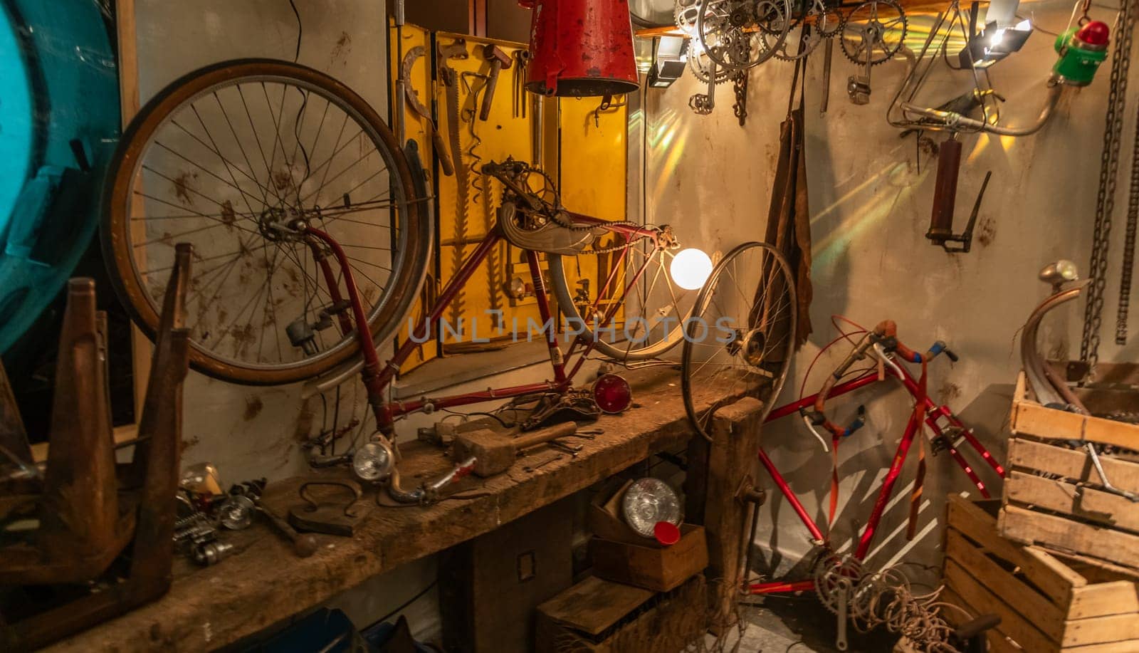 Old bicycle repair shop. Fixing mechanic issues in a garage, bike maintenance