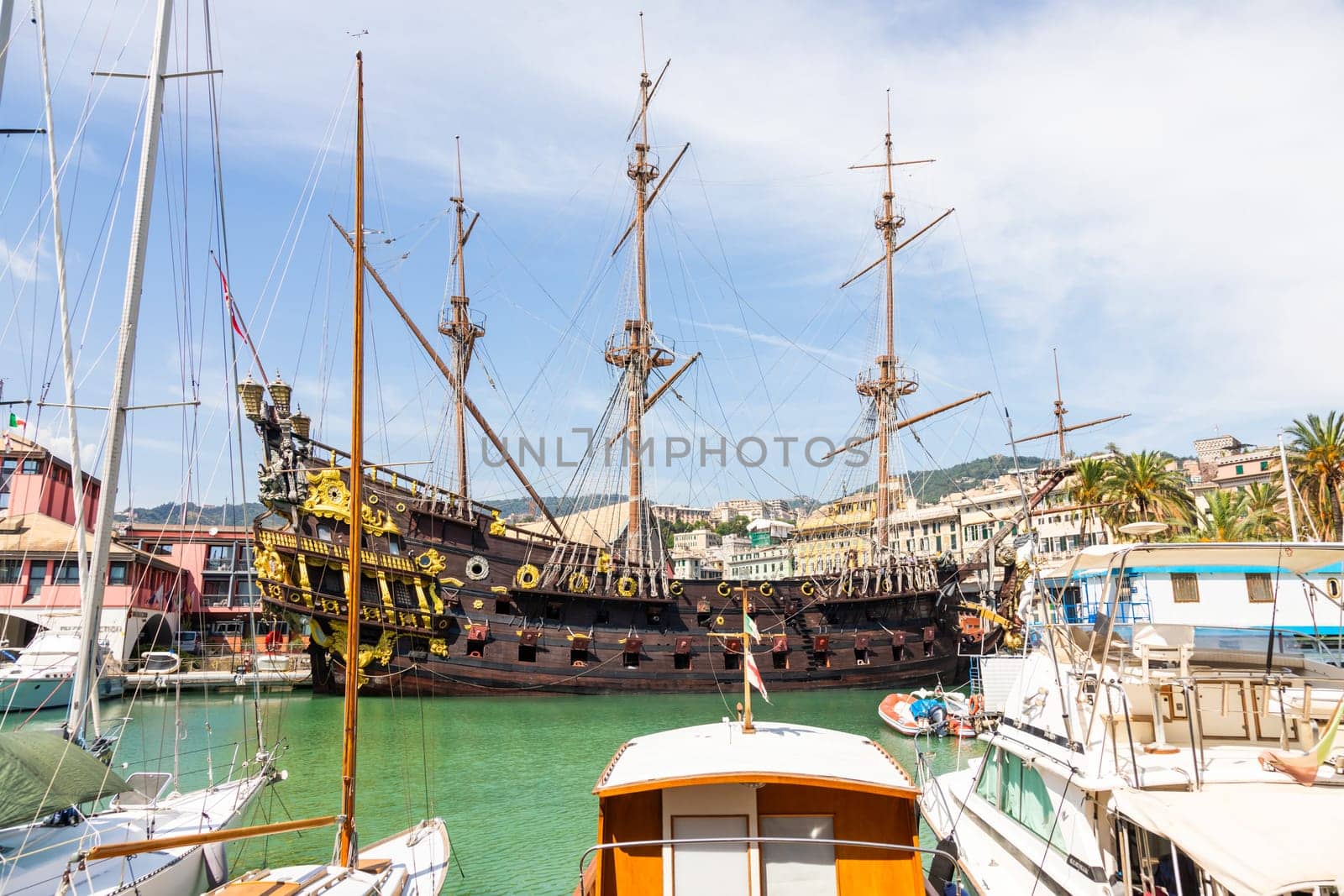 Genoa, Italy - 22 August 2024: pirate galleon Neptune, ship replica built in 1985 for Roman Polanski film Pirates
