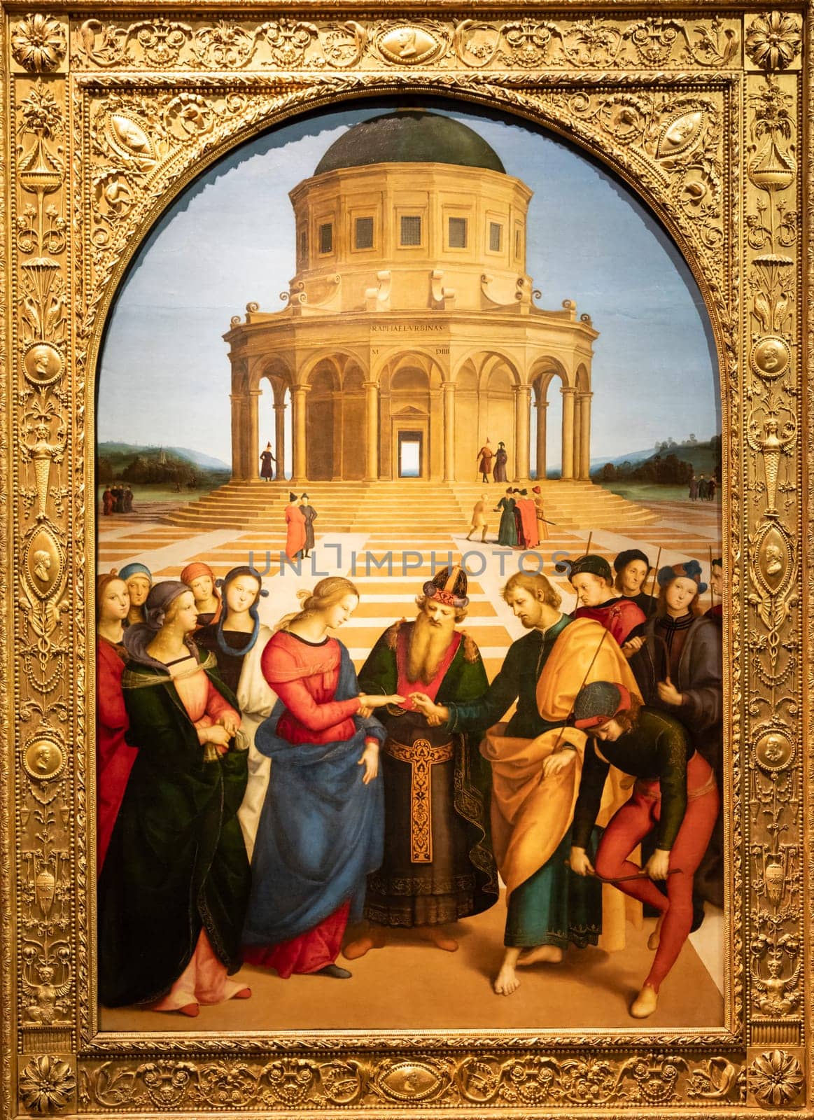 Milan, Italy - 23 September 2023: Brera antique painting museum. Marriage of the Virgin, by Raffaello Sanzio - Raphael, 1504