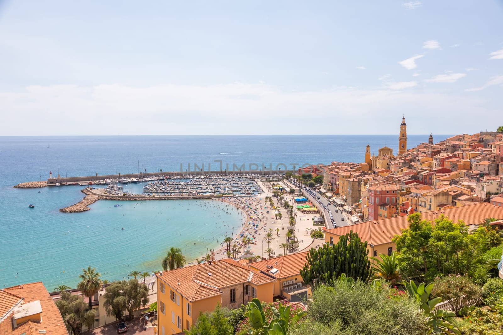 Menton, France - 18 August 2024: view of the French riviera village with blue sky and sea