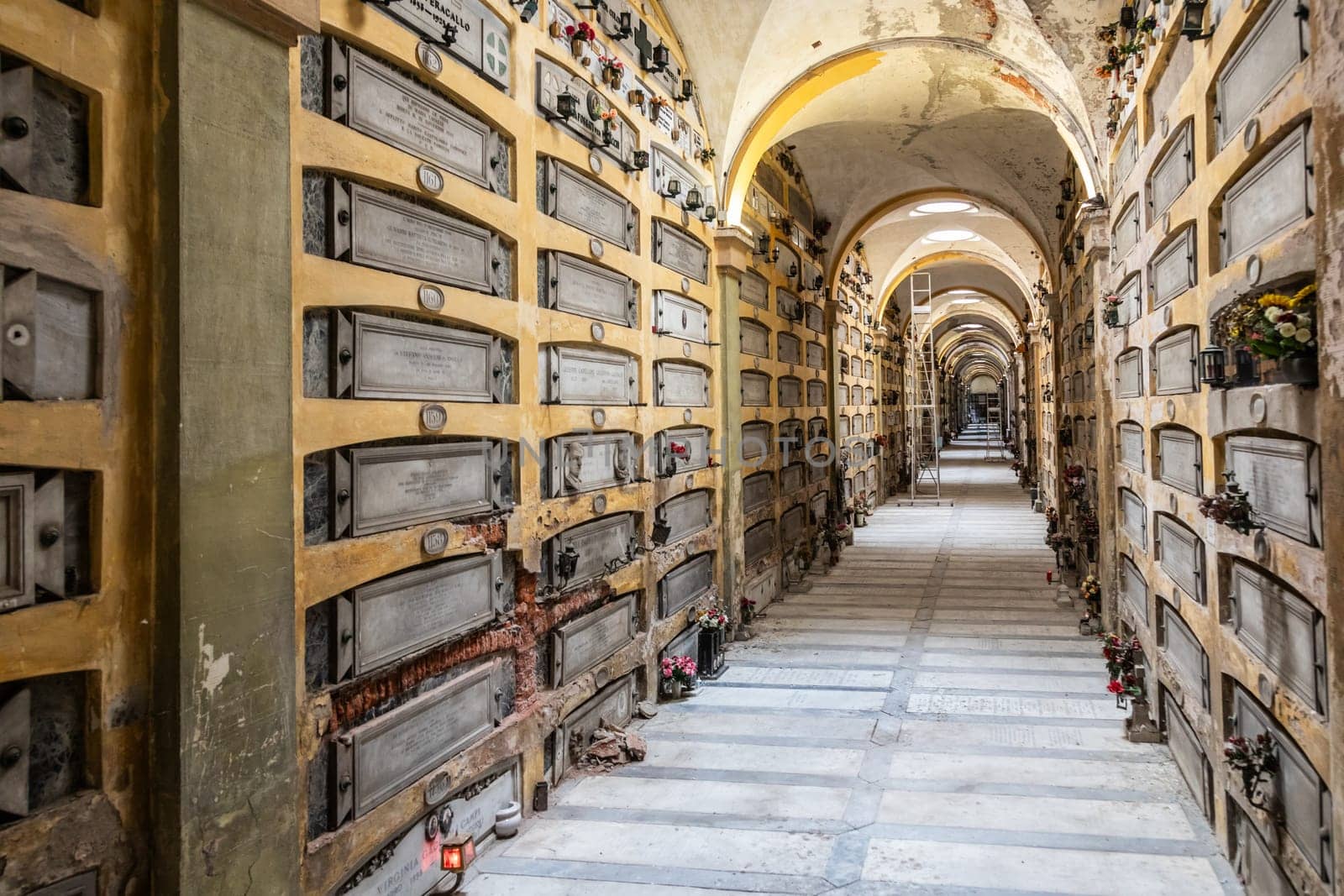 Genoa, Italy - 17 August 2024: corridor in Staglieno ancient cemetery