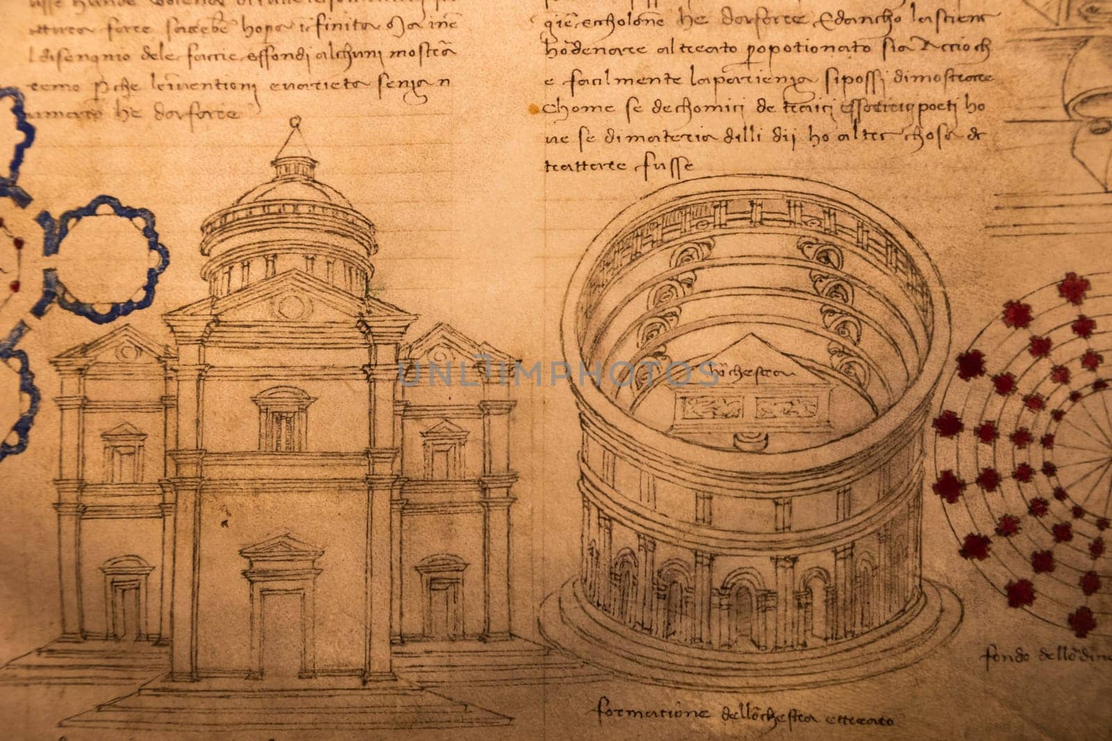 Turin, Italy - 12 December 2023: antique manuscript document with architectural studies by Giorgio Martini, 1486 circa - Royal Library