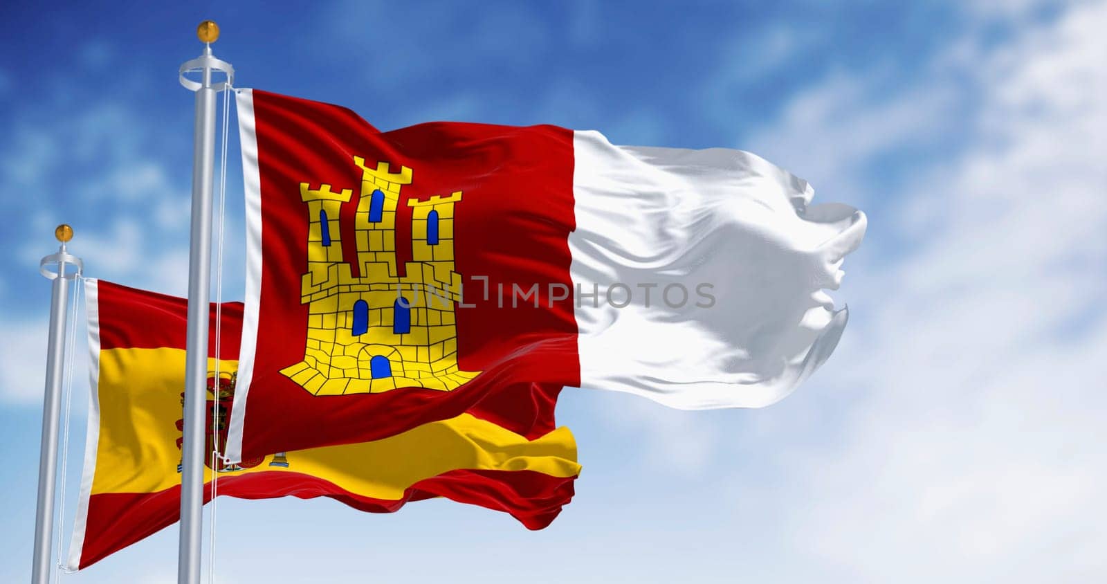 Flags of Castilla-La Mancha and Spain waving on a clear day. Autonomous community of Spain. 3d illustration render. Rippling fabric